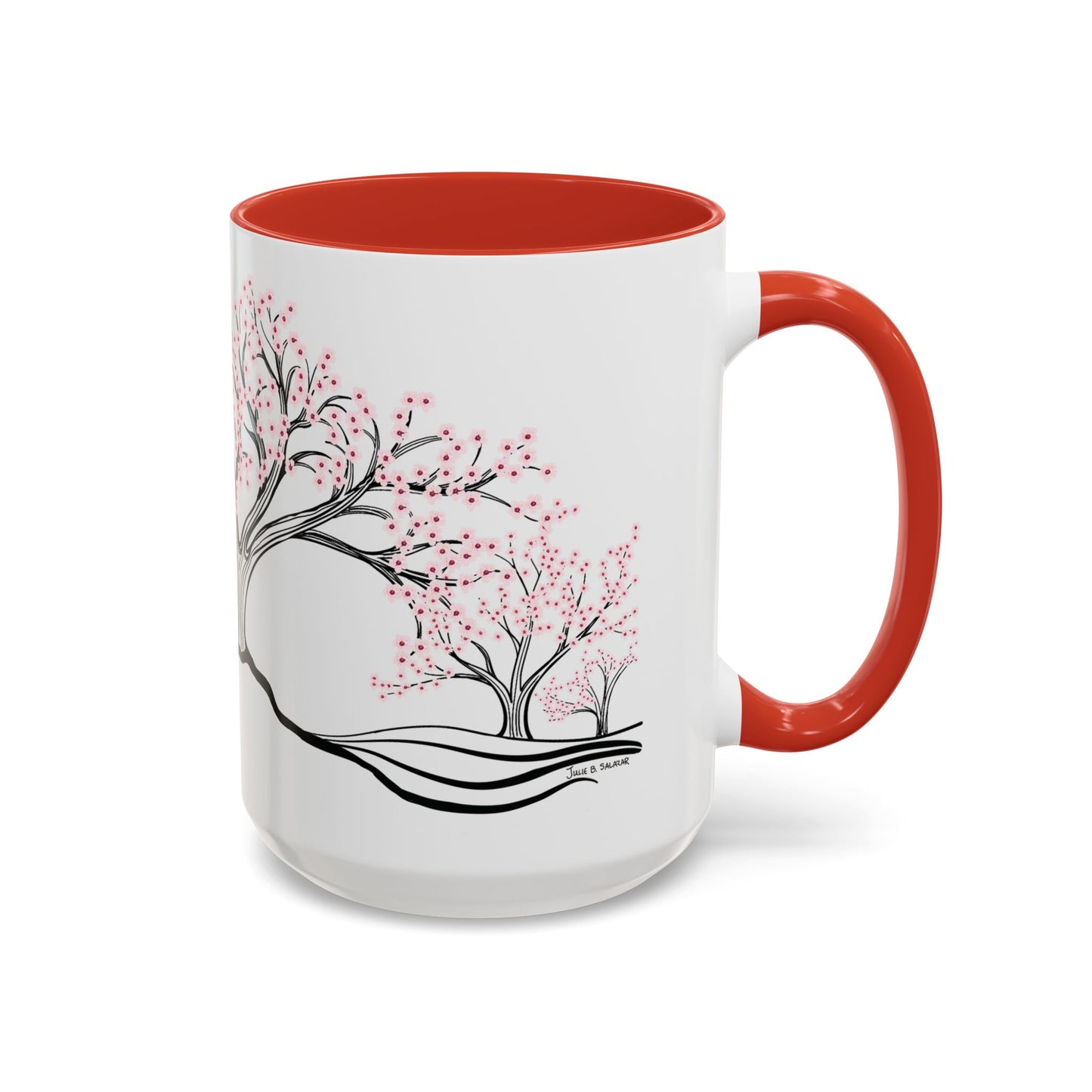 “Spring in Bloom”, IMAGINE™ Series, Hand-Drawn Art Print, White Ceramic Accent Mug—1 of 4 Seasons Collection—15 oz or 11 oz