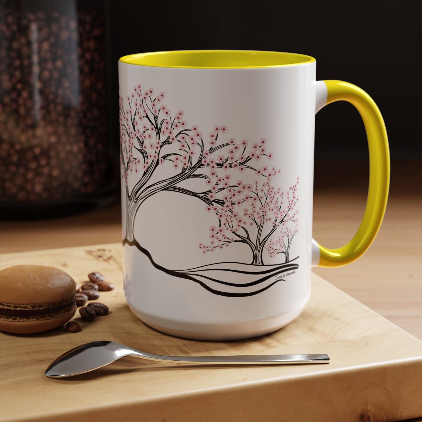 “Spring in Bloom”, IMAGINE™ Series, Hand-Drawn Art Print, White Ceramic Accent Mug—1 of 4 Seasons Collection—15 oz or 11 oz