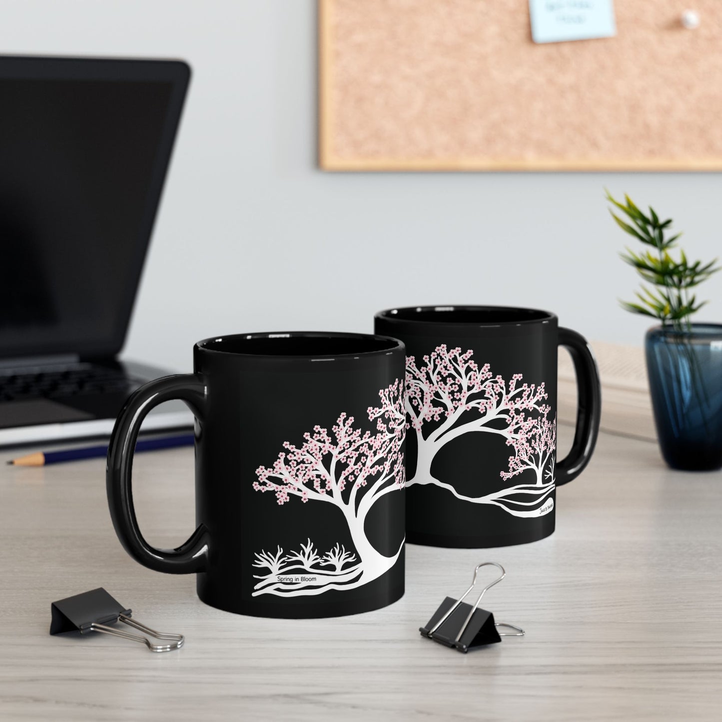 “Spring in Bloom”, IMAGINE™ Series, Hand-Drawn Art Print, Black Ceramic Mug—1 of 4 Seasons Collection—15 oz or 11 oz