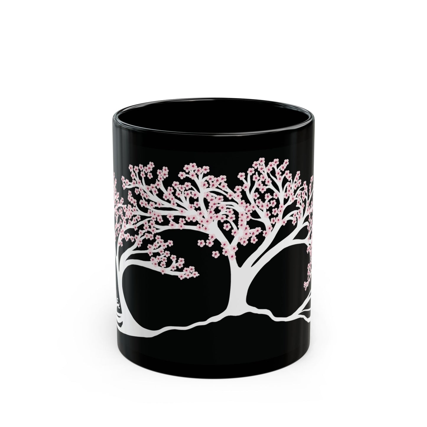 “Spring in Bloom”, IMAGINE™ Series, Hand-Drawn Art Print, Black Ceramic Mug—1 of 4 Seasons Collection—15 oz or 11 oz
