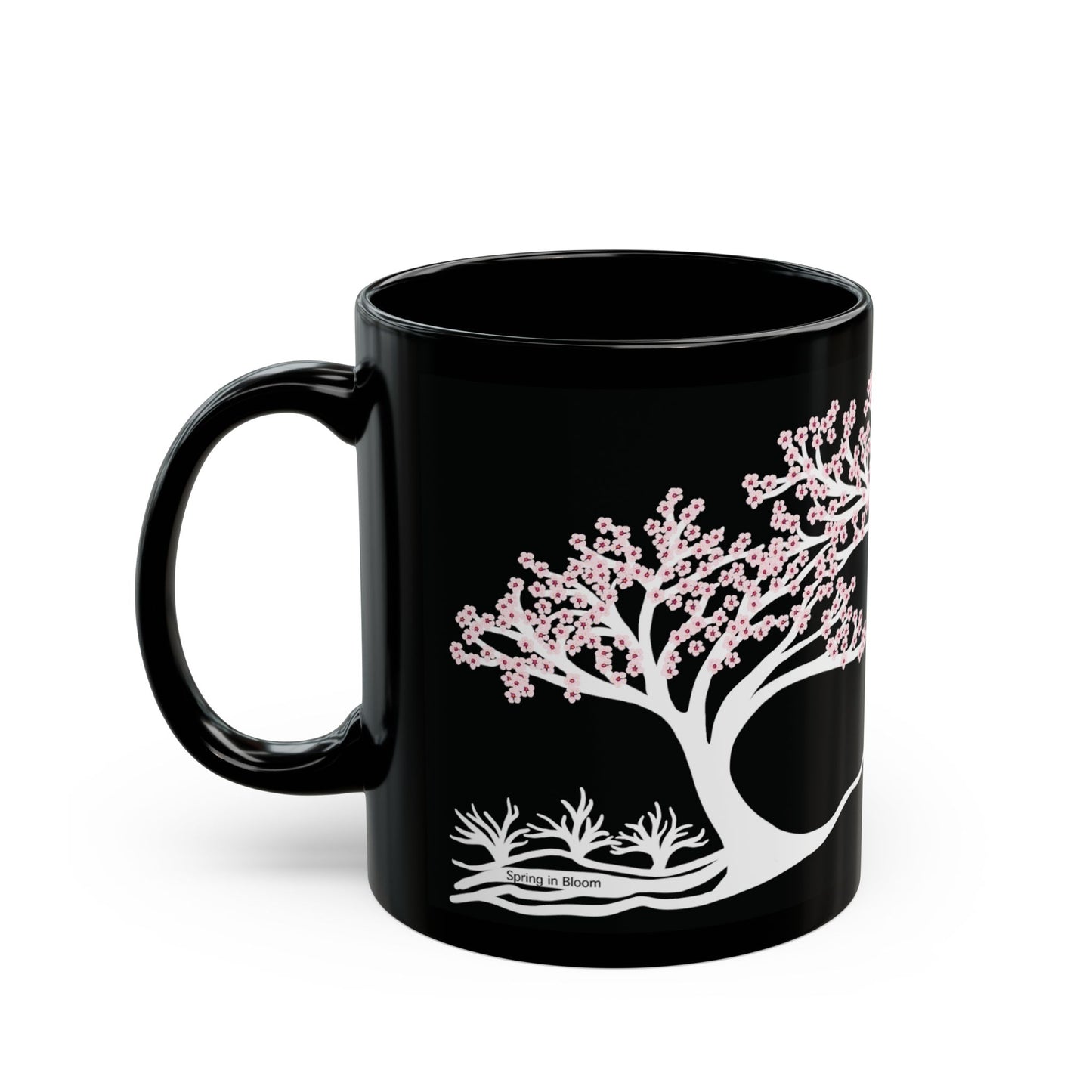 “Spring in Bloom”, IMAGINE™ Series, Hand-Drawn Art Print, Black Ceramic Mug—1 of 4 Seasons Collection—15 oz or 11 oz