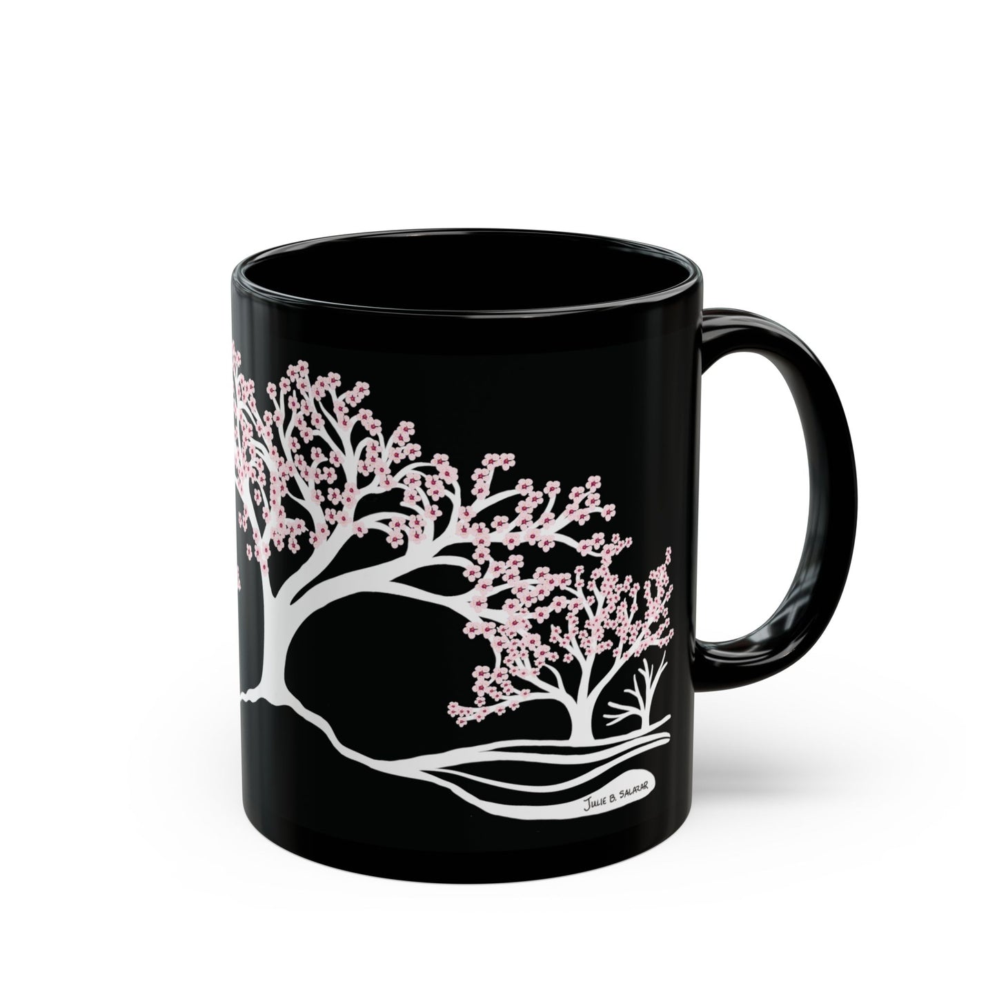 “Spring in Bloom”, IMAGINE™ Series, Hand-Drawn Art Print, Black Ceramic Mug—1 of 4 Seasons Collection—15 oz or 11 oz