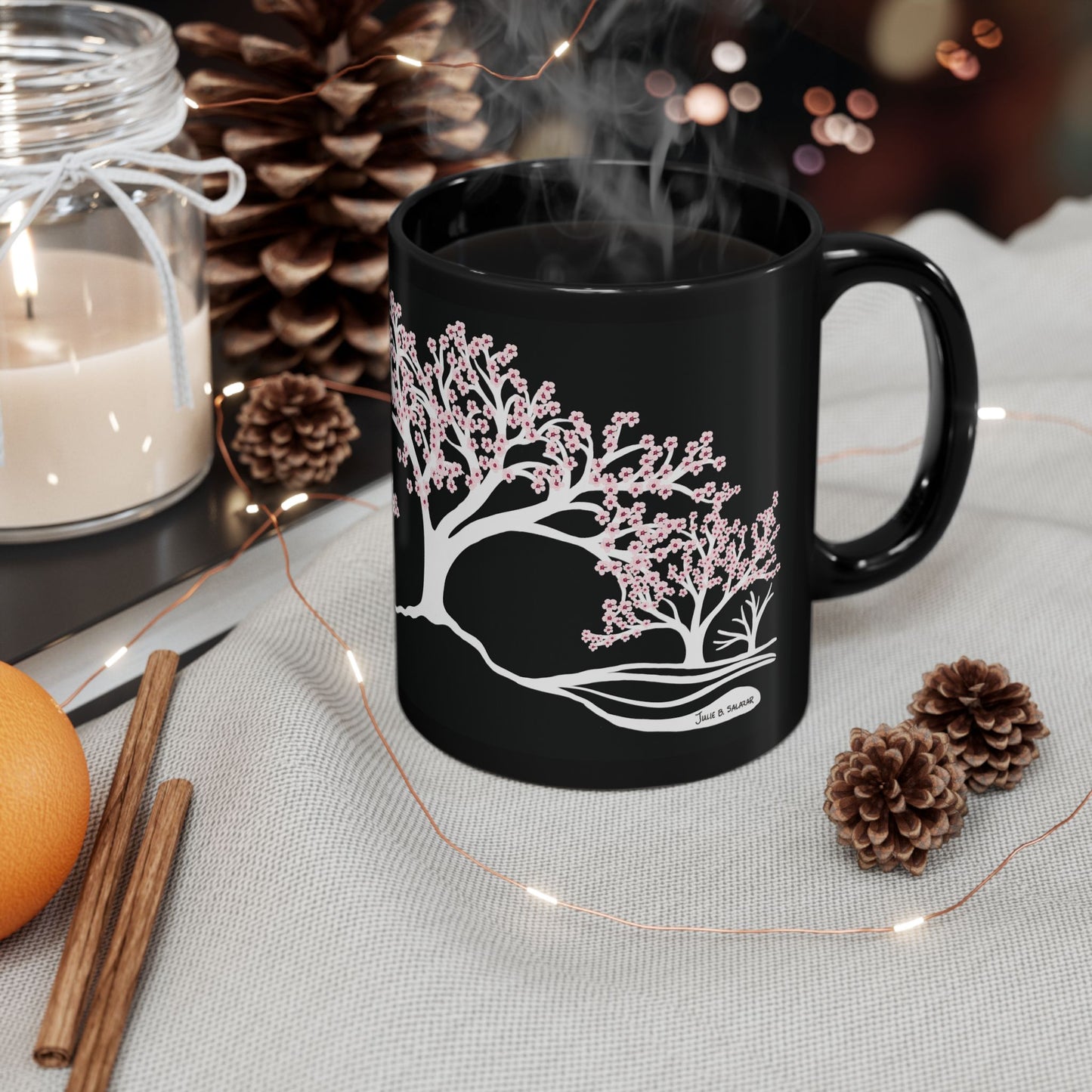 “Spring in Bloom”, IMAGINE™ Series, Hand-Drawn Art Print, Black Ceramic Mug—1 of 4 Seasons Collection—15 oz or 11 oz
