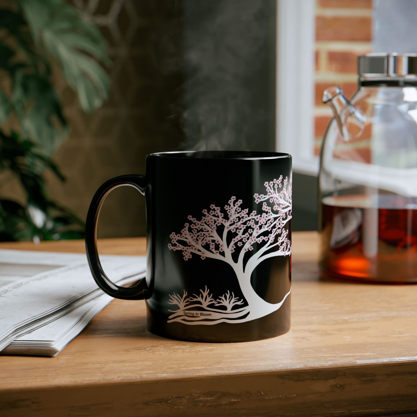 “Spring in Bloom”, IMAGINE™ Series, Hand-Drawn Art Print, Black Ceramic Mug—1 of 4 Seasons Collection—15 oz or 11 oz