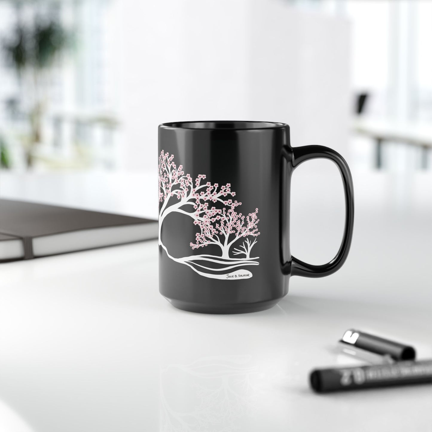 “Spring in Bloom”, IMAGINE™ Series, Hand-Drawn Art Print, Black Ceramic Mug—1 of 4 Seasons Collection—15 oz or 11 oz