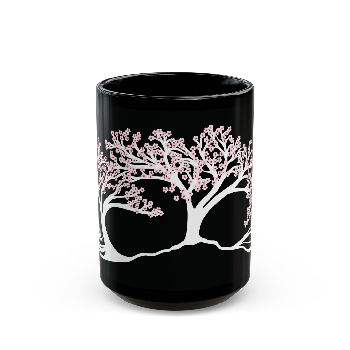 “Spring in Bloom”, IMAGINE™ Series, Hand-Drawn Art Print, Black Ceramic Mug—1 of 4 Seasons Collection—15 oz or 11 oz