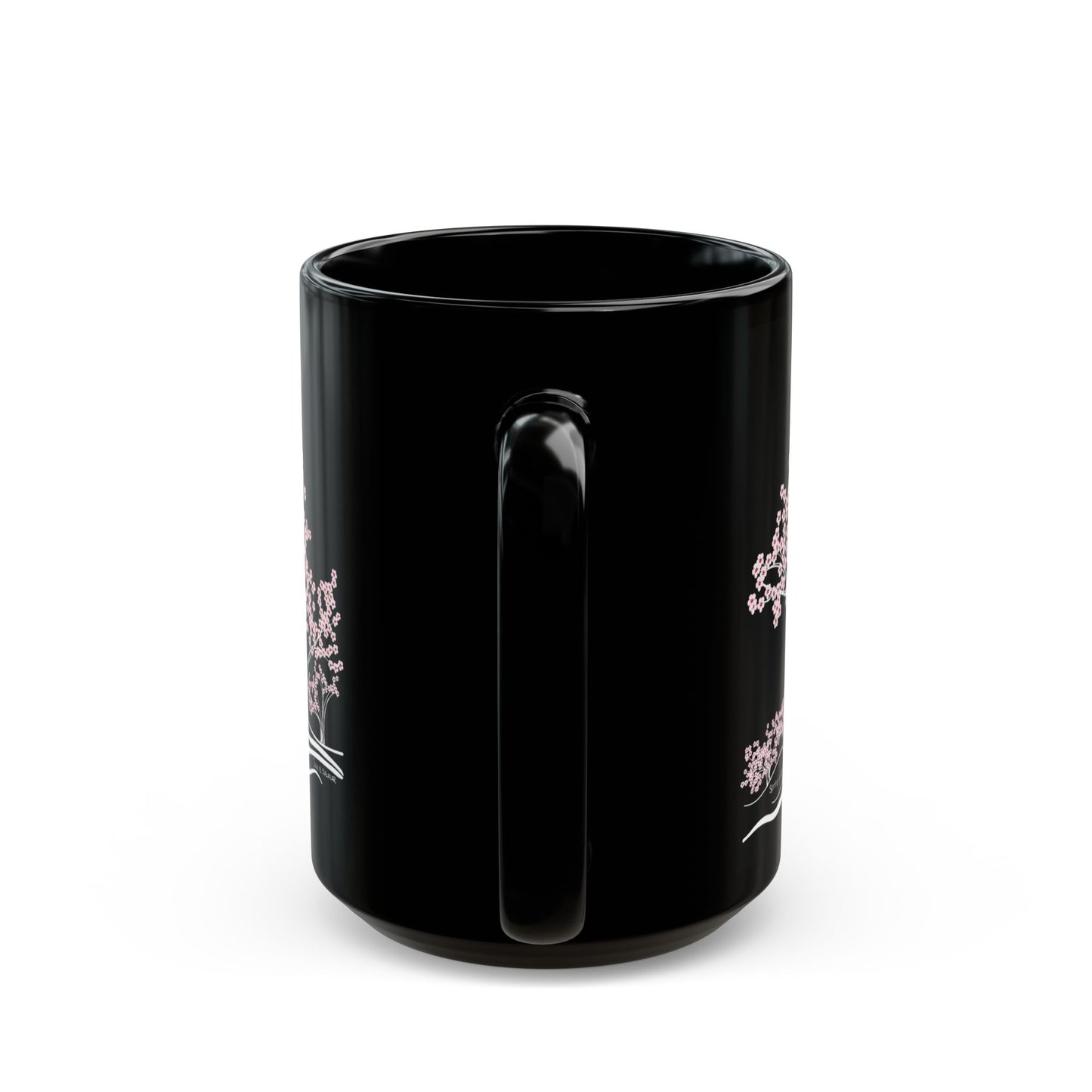 “Spring in Bloom”, IMAGINE™ Series, Hand-Drawn Art Print, Black Ceramic Mug—1 of 4 Seasons Collection—15 oz or 11 oz