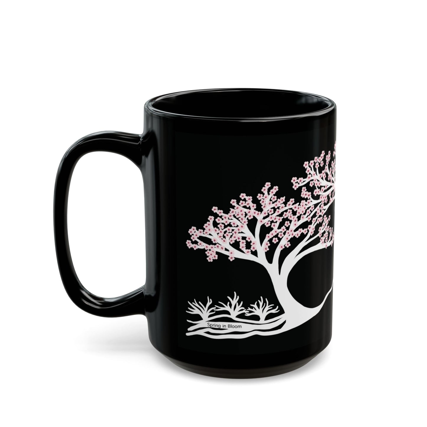 “Spring in Bloom”, IMAGINE™ Series, Hand-Drawn Art Print, Black Ceramic Mug—1 of 4 Seasons Collection—15 oz or 11 oz