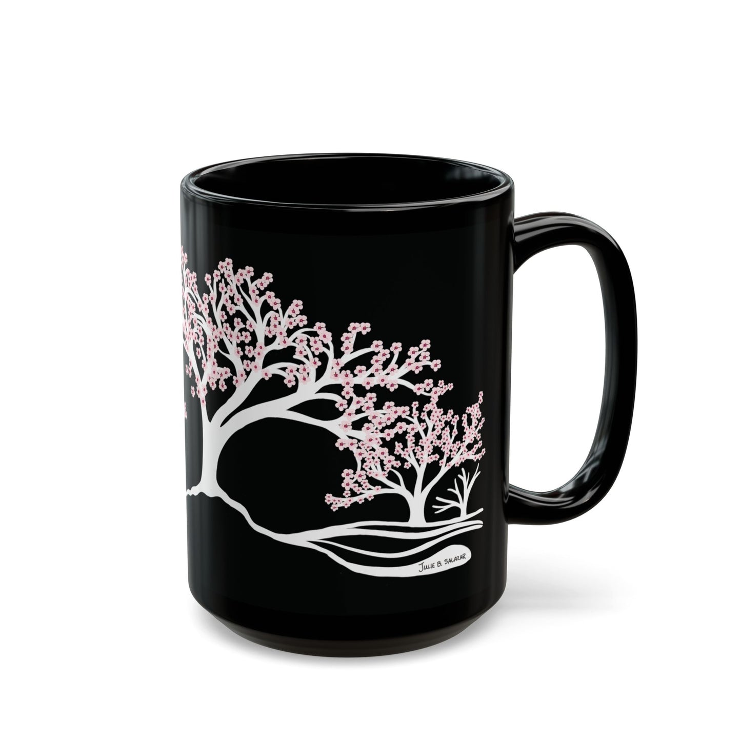 “Spring in Bloom”, IMAGINE™ Series, Hand-Drawn Art Print, Black Ceramic Mug—1 of 4 Seasons Collection—15 oz or 11 oz