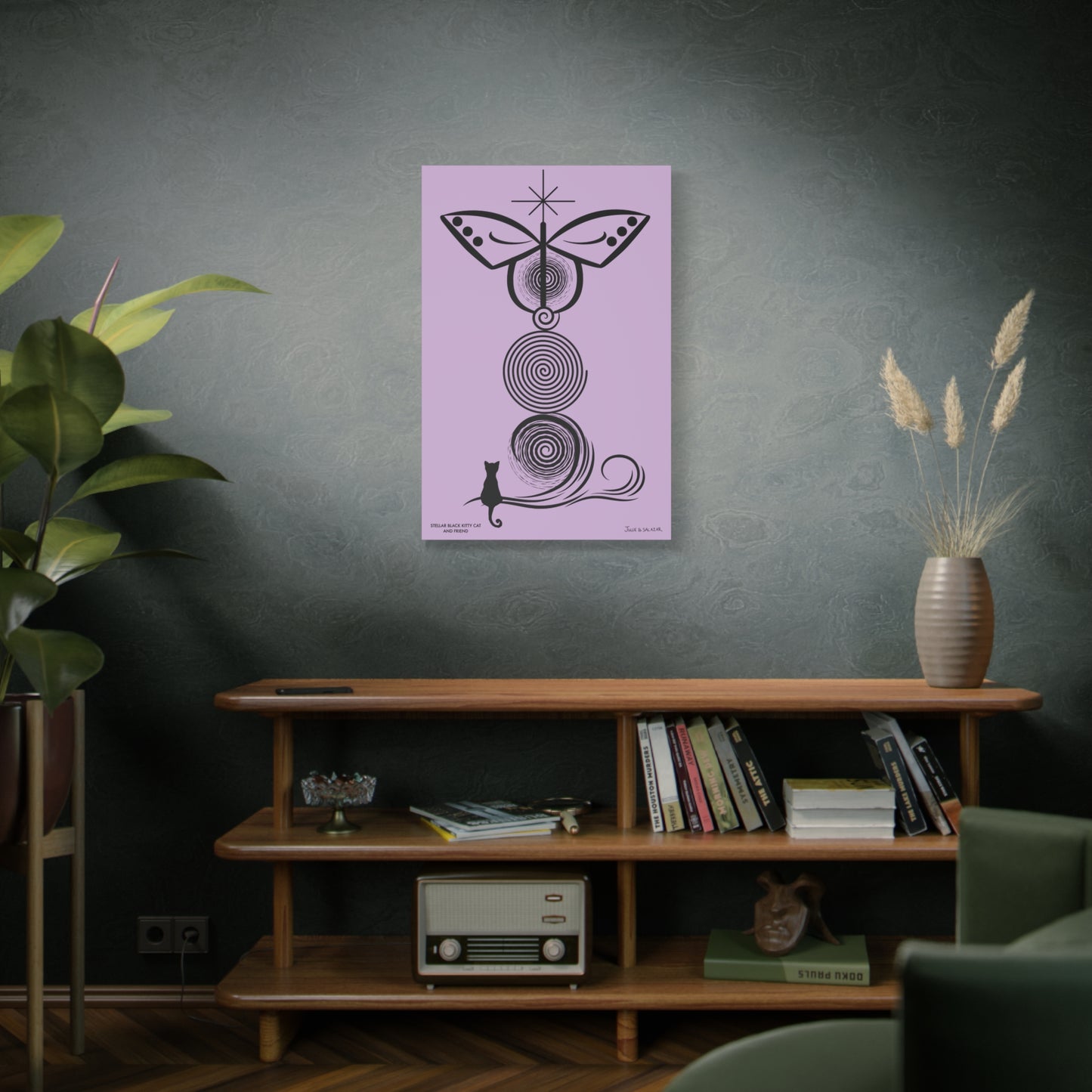 “Stellar Black Kitty Cat And Friend”, IMAGINE™ Series, Hand-Drawn Art Print, Wall Art Collection, Stretched Canvas , 12 x 18 inches, 16 x 24 inches or 24 x 36 inches