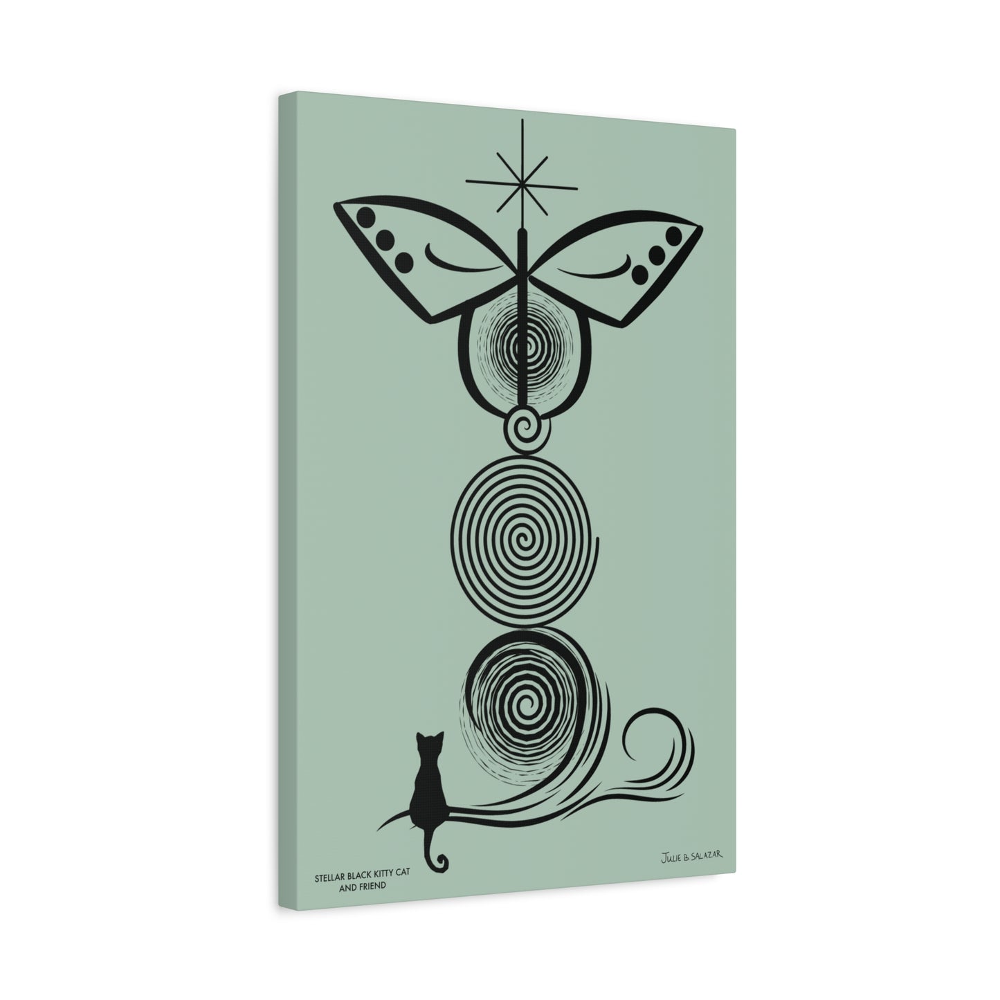 “Stellar Black Kitty Cat And Friend”, IMAGINE™ Series, Hand-Drawn Art Print, Wall Art Collection, Stretched Canvas , 12 x 18 inches, 16 x 24 inches or 24 x 36 inches