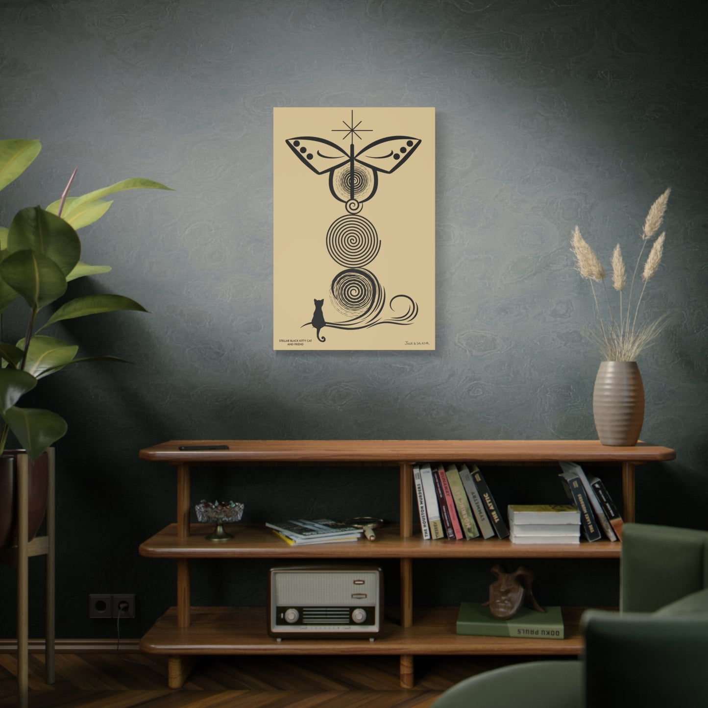 “Stellar Black Kitty Cat And Friend”, IMAGINE™ Series, Hand-Drawn Art Print, Wall Art Collection, Stretched Canvas , 12 x 18 inches, 16 x 24 inches or 24 x 36 inches
