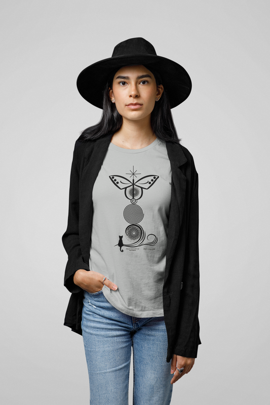 "Stellar Black Kitty Cat And Friend",  IMAGINE™ Series, Hand-Drawn Art Print, Bella+Canvas 3001 Unisex Jersey Short Sleeve Tee