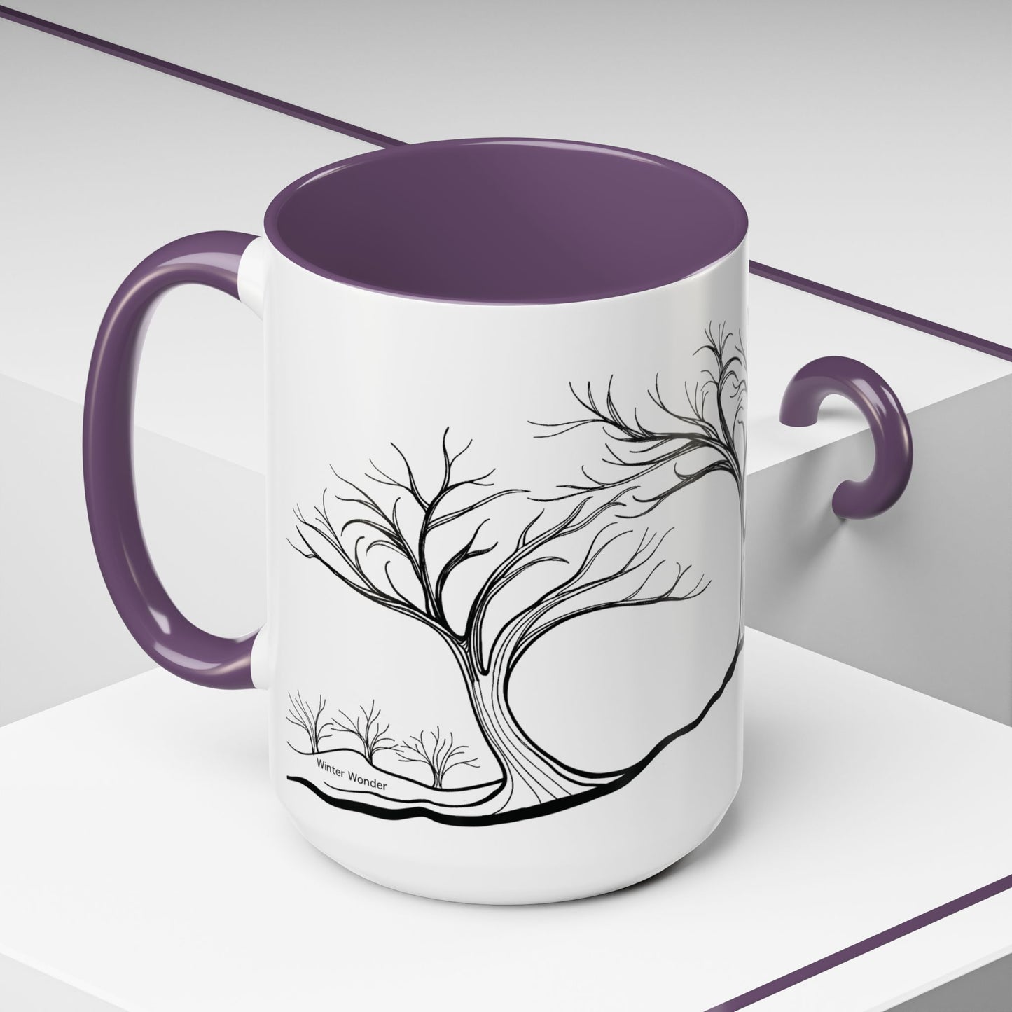 “Winter Wonder”, IMAGINE™ Series, Hand-Drawn Art Print, White Ceramic Accent Mug—4 of 4 Seasons Collection—15 oz or 11 oz