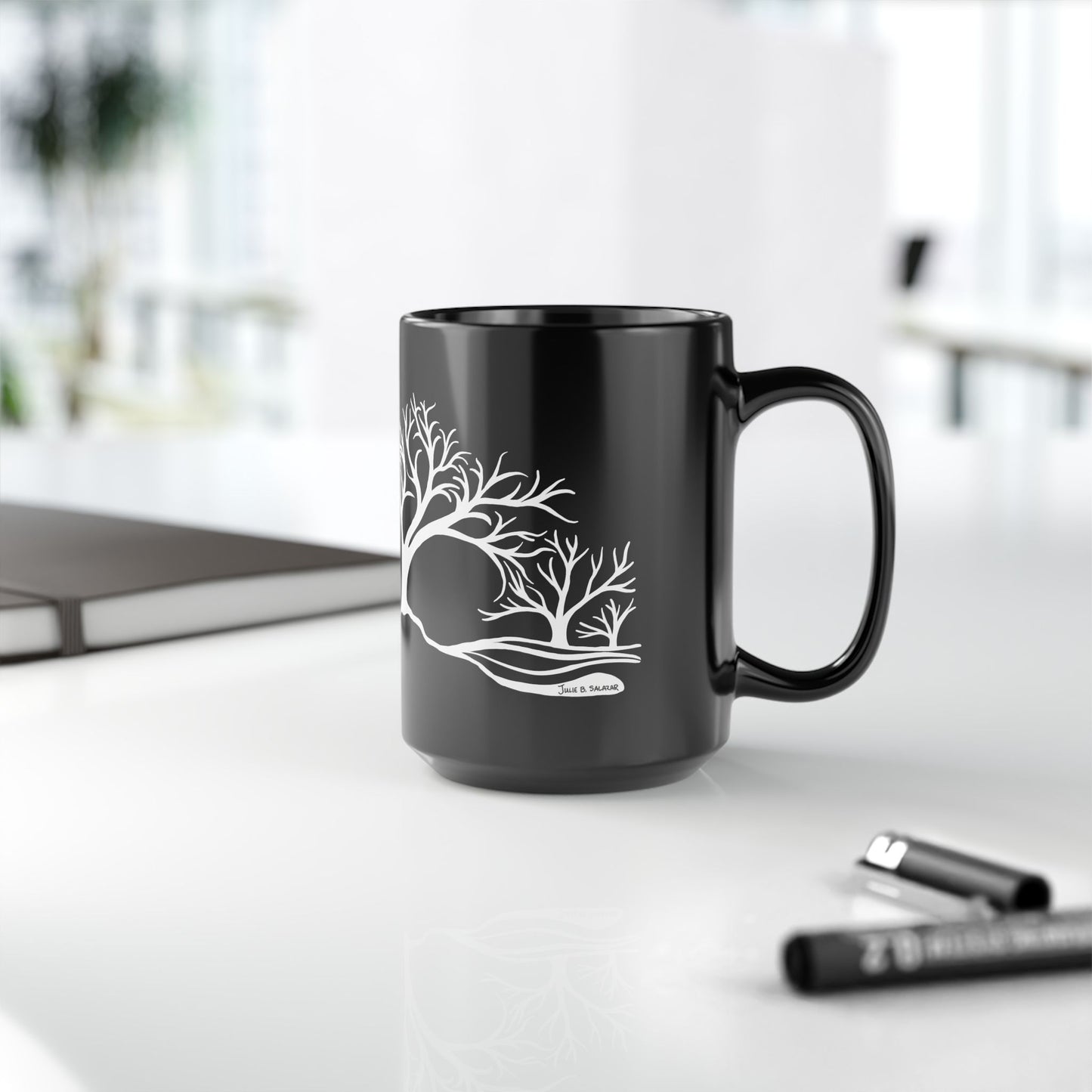 “Winter Wonder”, IMAGINE™ Series, Hand-Drawn Art Print, Black Ceramic Mug—4 of 4 Seasons Collection—15 oz or 11 oz