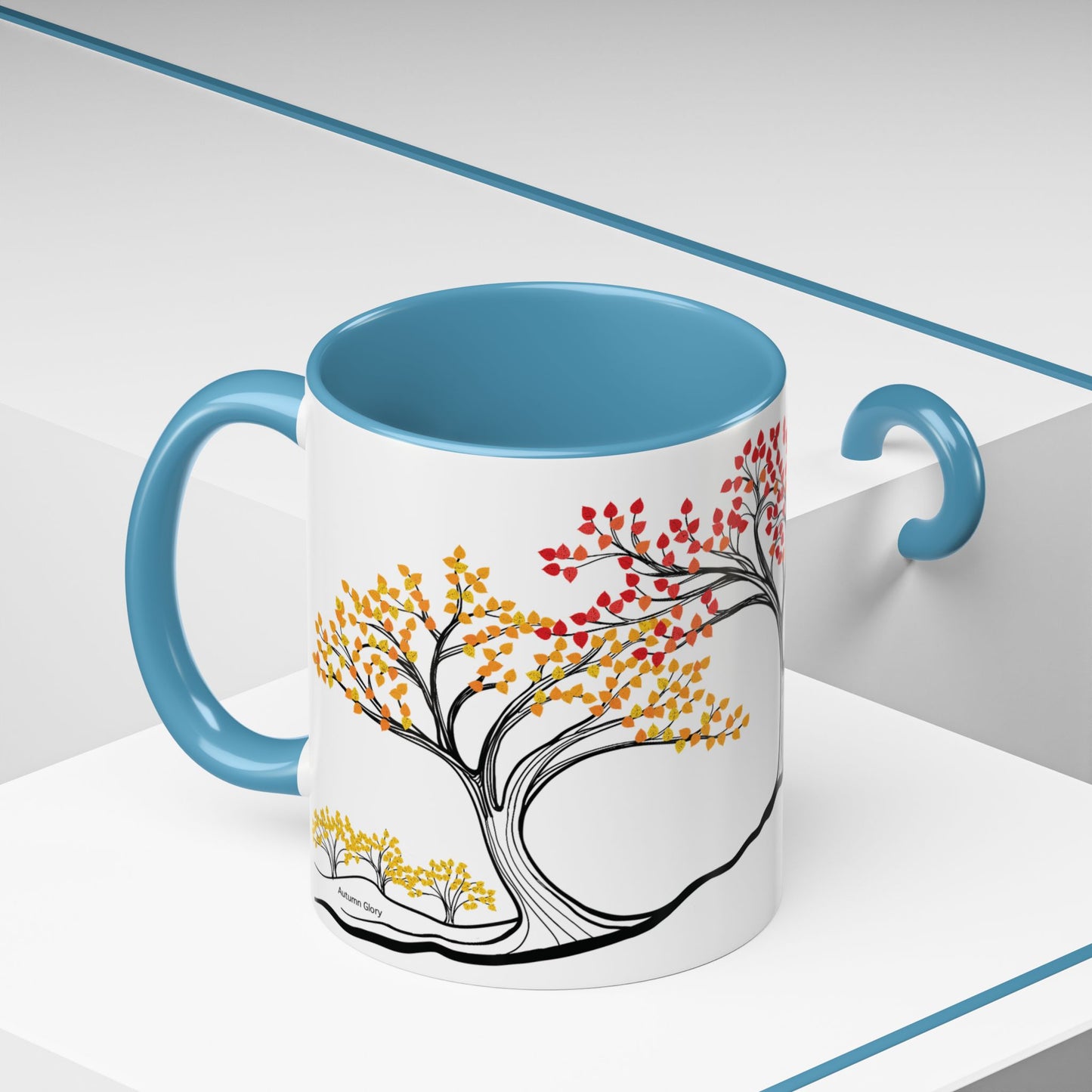 “Autumn Glory”, IMAGINE™ Series, Hand-Drawn Art Print, White Ceramic Accent Mug—3 of 4 Seasons Collection—15 oz or 11 oz