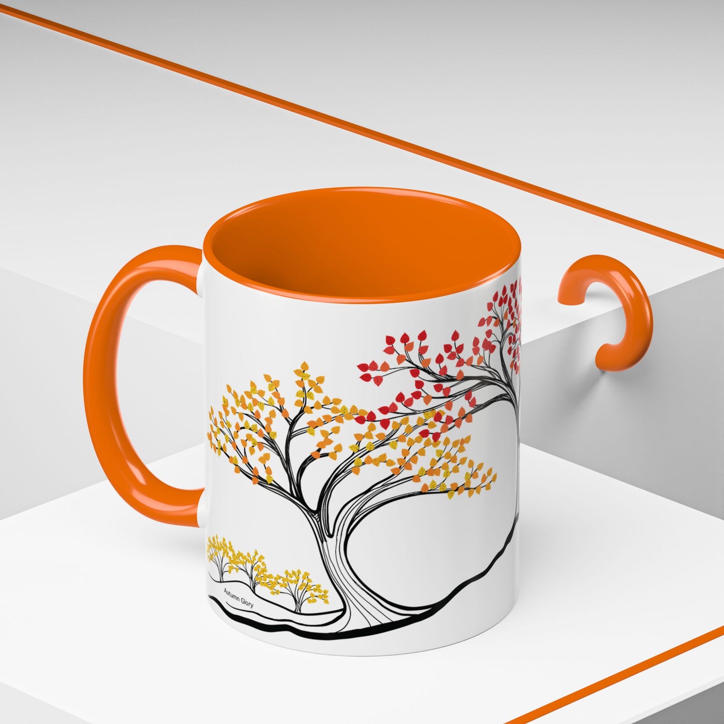“Autumn Glory”, IMAGINE™ Series, Hand-Drawn Art Print, White Ceramic Accent Mug—3 of 4 Seasons Collection—15 oz or 11 oz