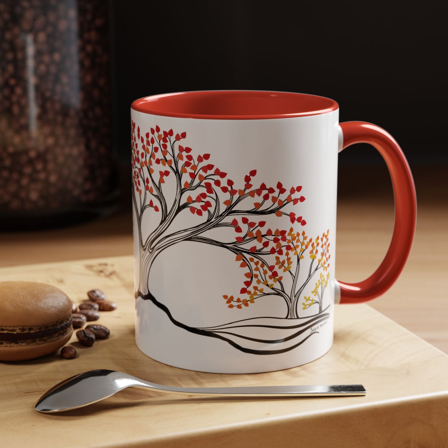 “Autumn Glory”, IMAGINE™ Series, Hand-Drawn Art Print, White Ceramic Accent Mug—3 of 4 Seasons Collection—15 oz or 11 oz