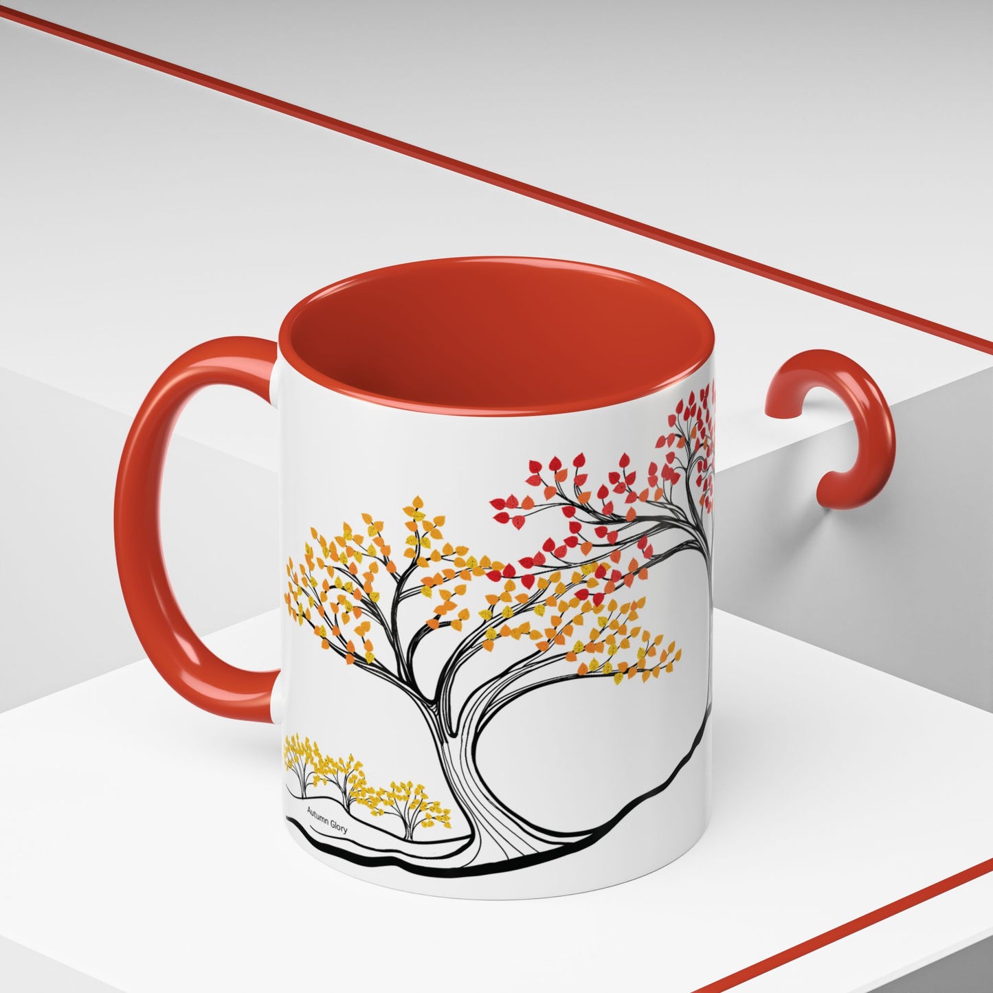 “Autumn Glory”, IMAGINE™ Series, Hand-Drawn Art Print, White Ceramic Accent Mug—3 of 4 Seasons Collection—15 oz or 11 oz