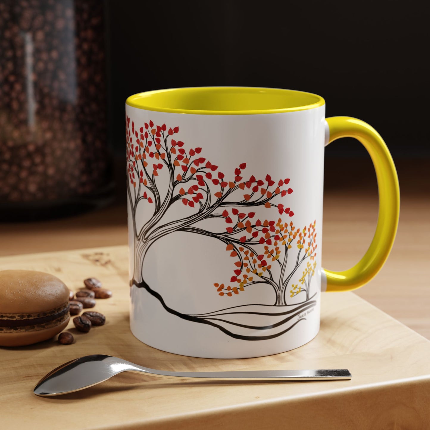 “Autumn Glory”, IMAGINE™ Series, Hand-Drawn Art Print, White Ceramic Accent Mug—3 of 4 Seasons Collection—15 oz or 11 oz