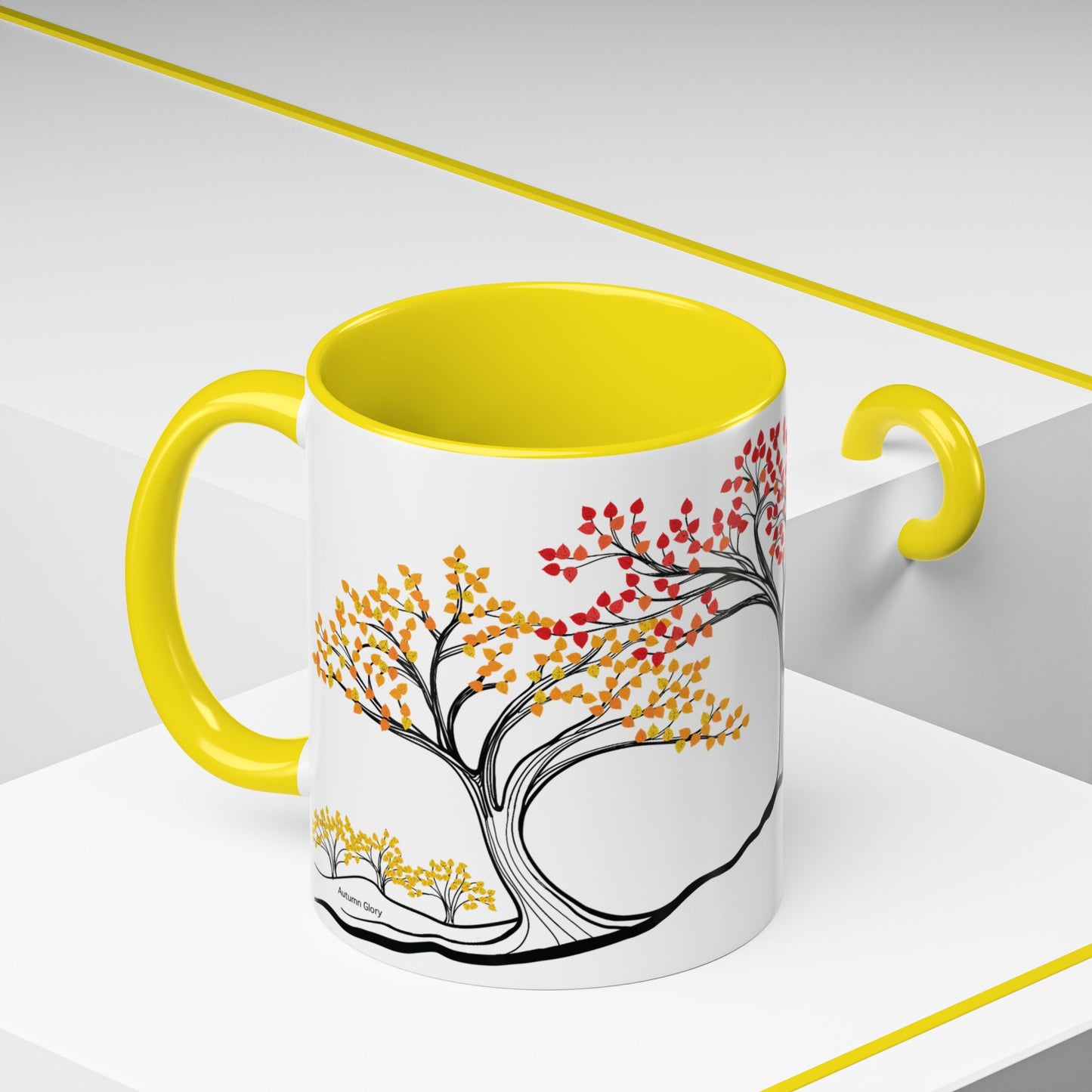 “Autumn Glory”, IMAGINE™ Series, Hand-Drawn Art Print, White Ceramic Accent Mug—3 of 4 Seasons Collection—15 oz or 11 oz
