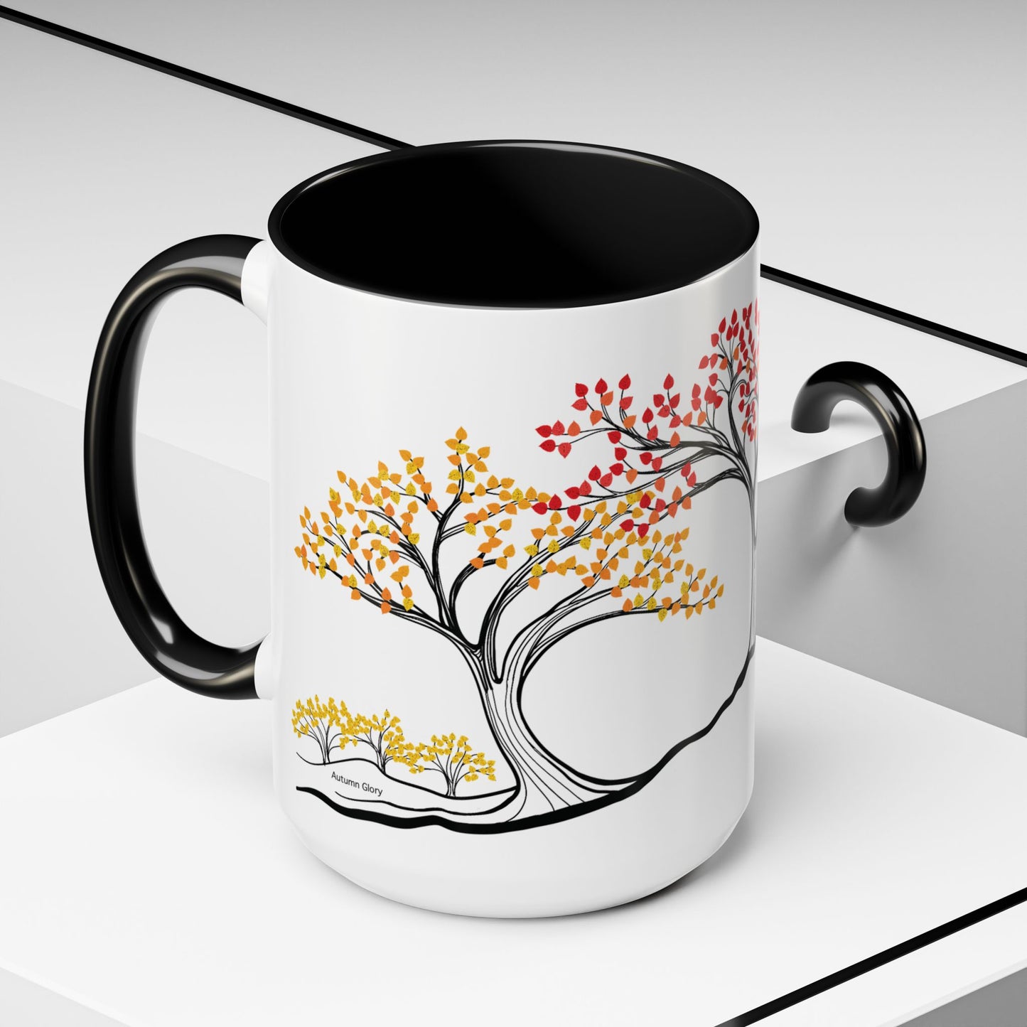 “Autumn Glory”, IMAGINE™ Series, Hand-Drawn Art Print, White Ceramic Accent Mug—3 of 4 Seasons Collection—15 oz or 11 oz