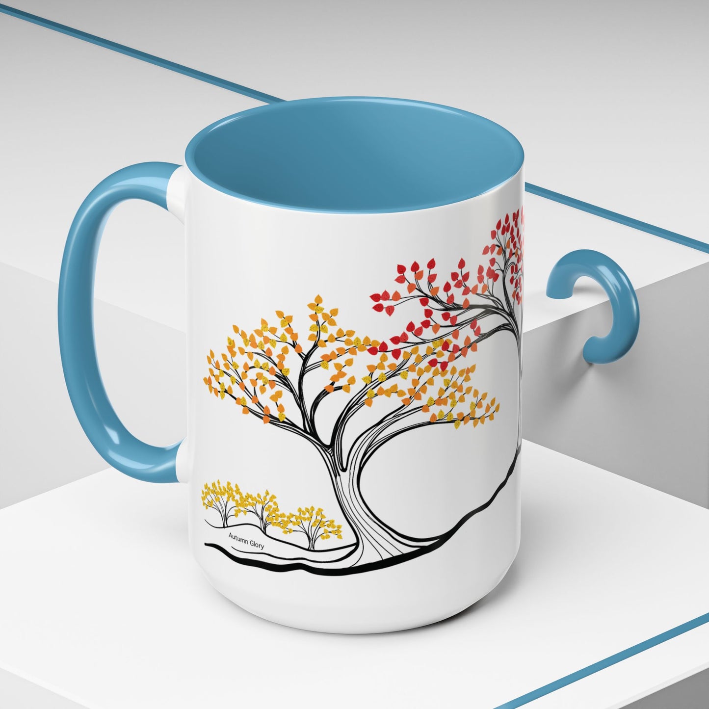 “Autumn Glory”, IMAGINE™ Series, Hand-Drawn Art Print, White Ceramic Accent Mug—3 of 4 Seasons Collection—15 oz or 11 oz