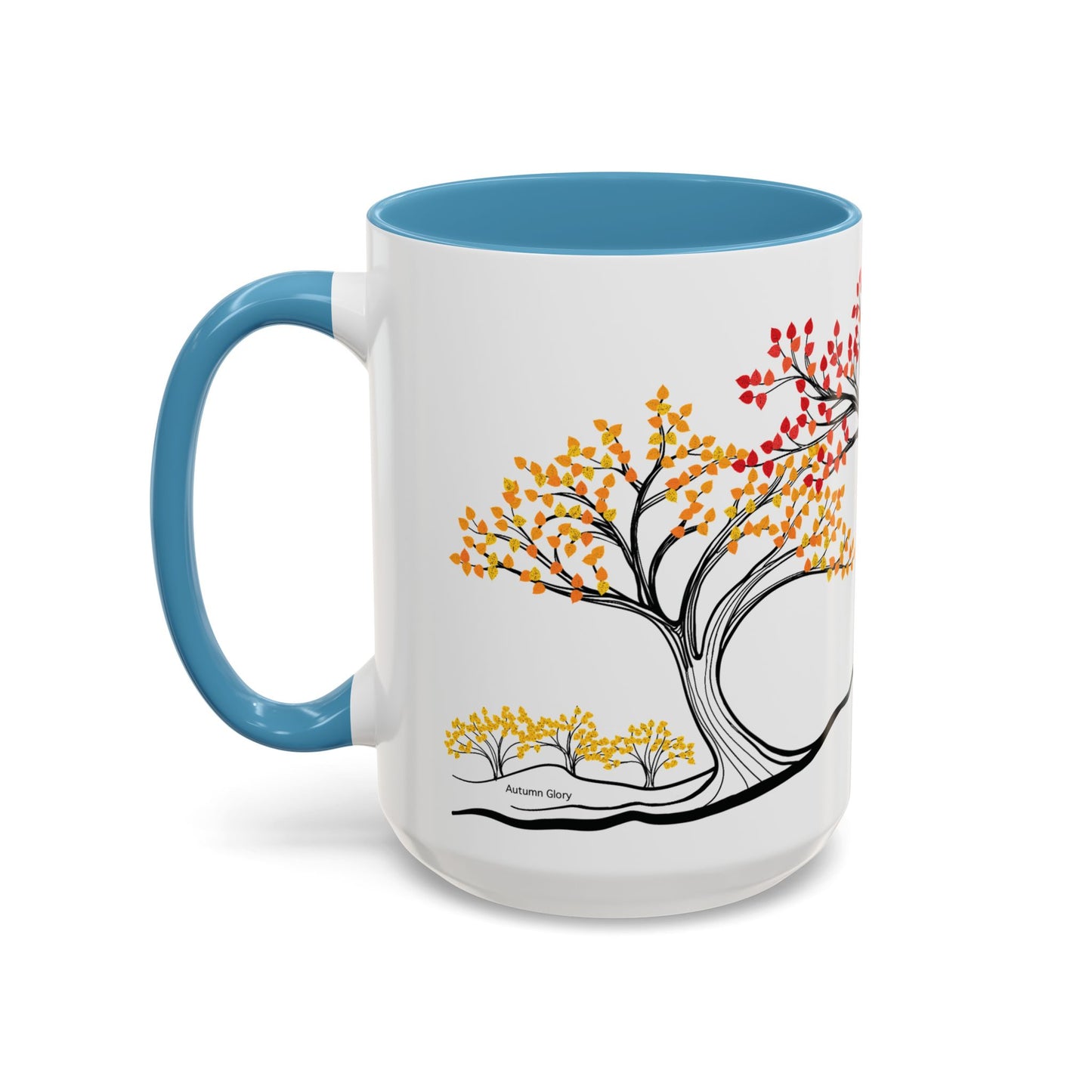 “Autumn Glory”, IMAGINE™ Series, Hand-Drawn Art Print, White Ceramic Accent Mug—3 of 4 Seasons Collection—15 oz or 11 oz