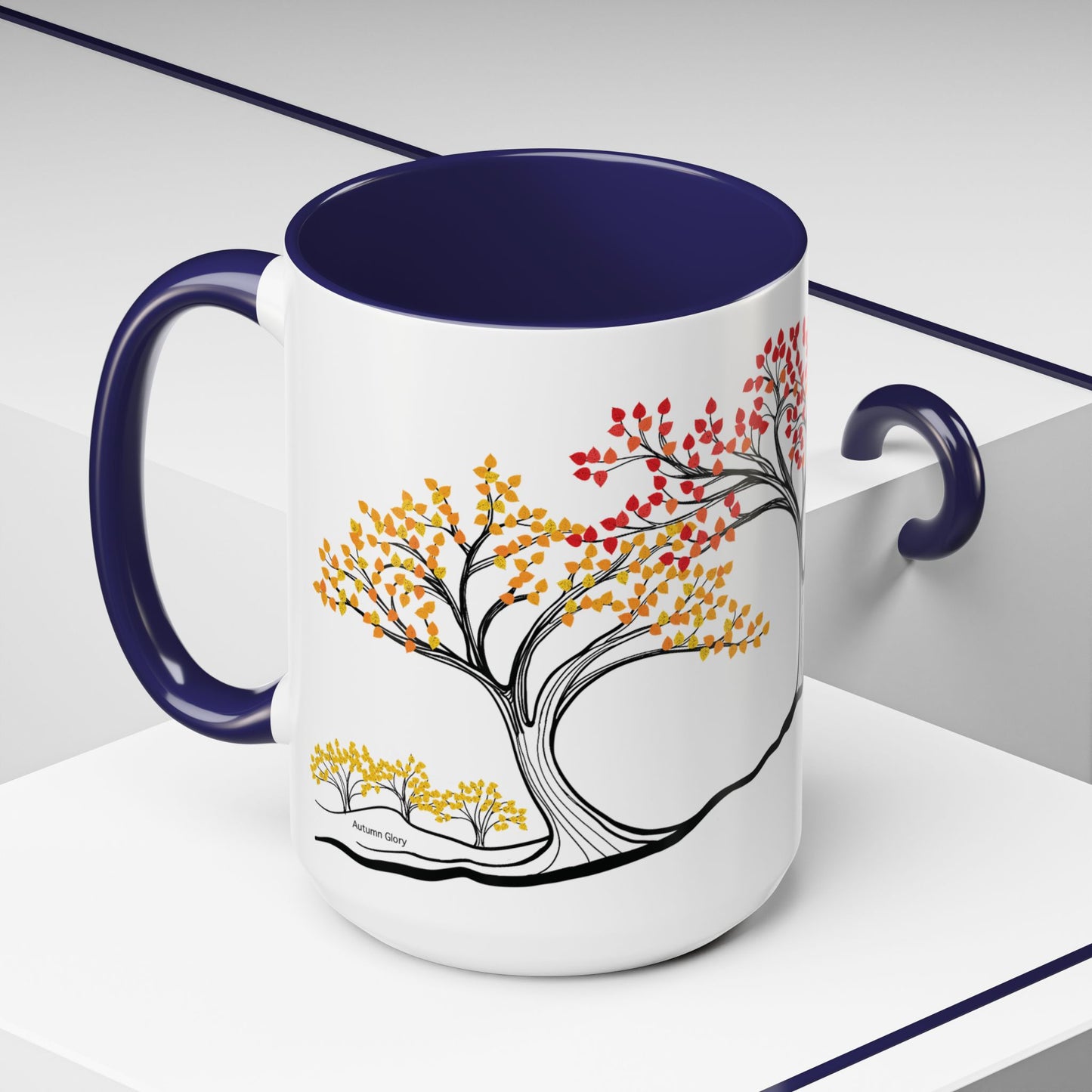 “Autumn Glory”, IMAGINE™ Series, Hand-Drawn Art Print, White Ceramic Accent Mug—3 of 4 Seasons Collection—15 oz or 11 oz