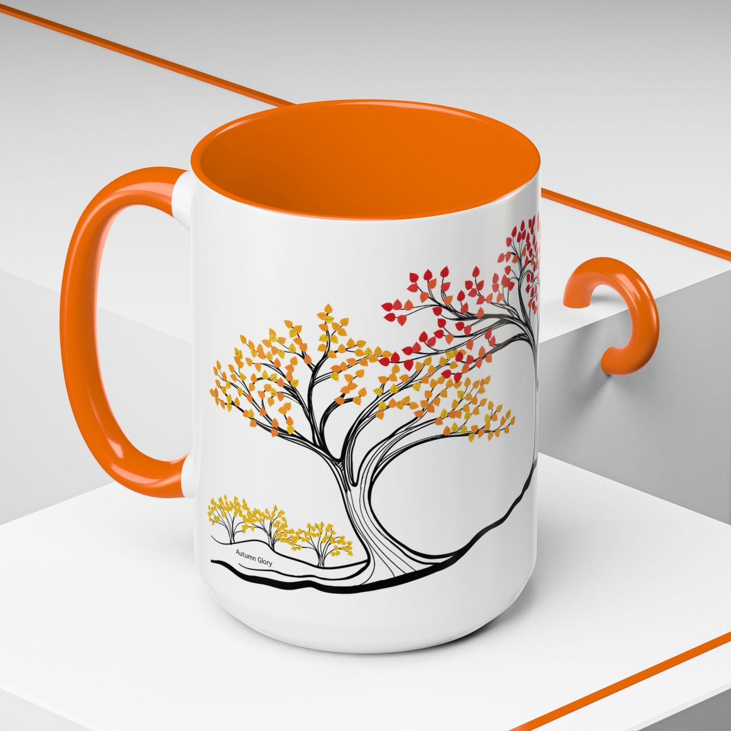 “Autumn Glory”, IMAGINE™ Series, Hand-Drawn Art Print, White Ceramic Accent Mug—3 of 4 Seasons Collection—15 oz or 11 oz
