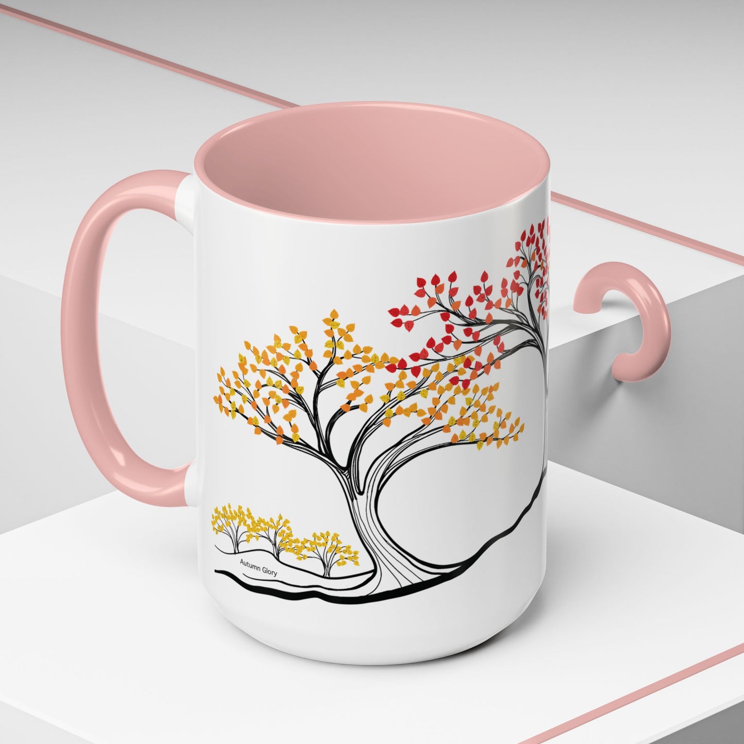 “Autumn Glory”, IMAGINE™ Series, Hand-Drawn Art Print, White Ceramic Accent Mug—3 of 4 Seasons Collection—15 oz or 11 oz