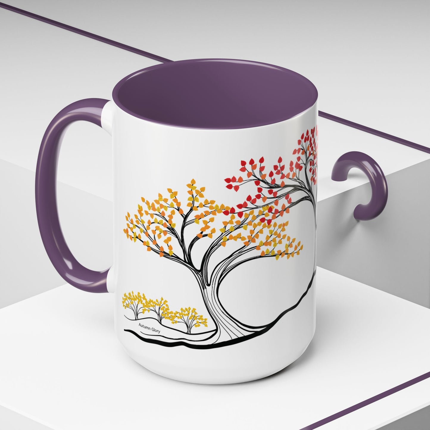 “Autumn Glory”, IMAGINE™ Series, Hand-Drawn Art Print, White Ceramic Accent Mug—3 of 4 Seasons Collection—15 oz or 11 oz