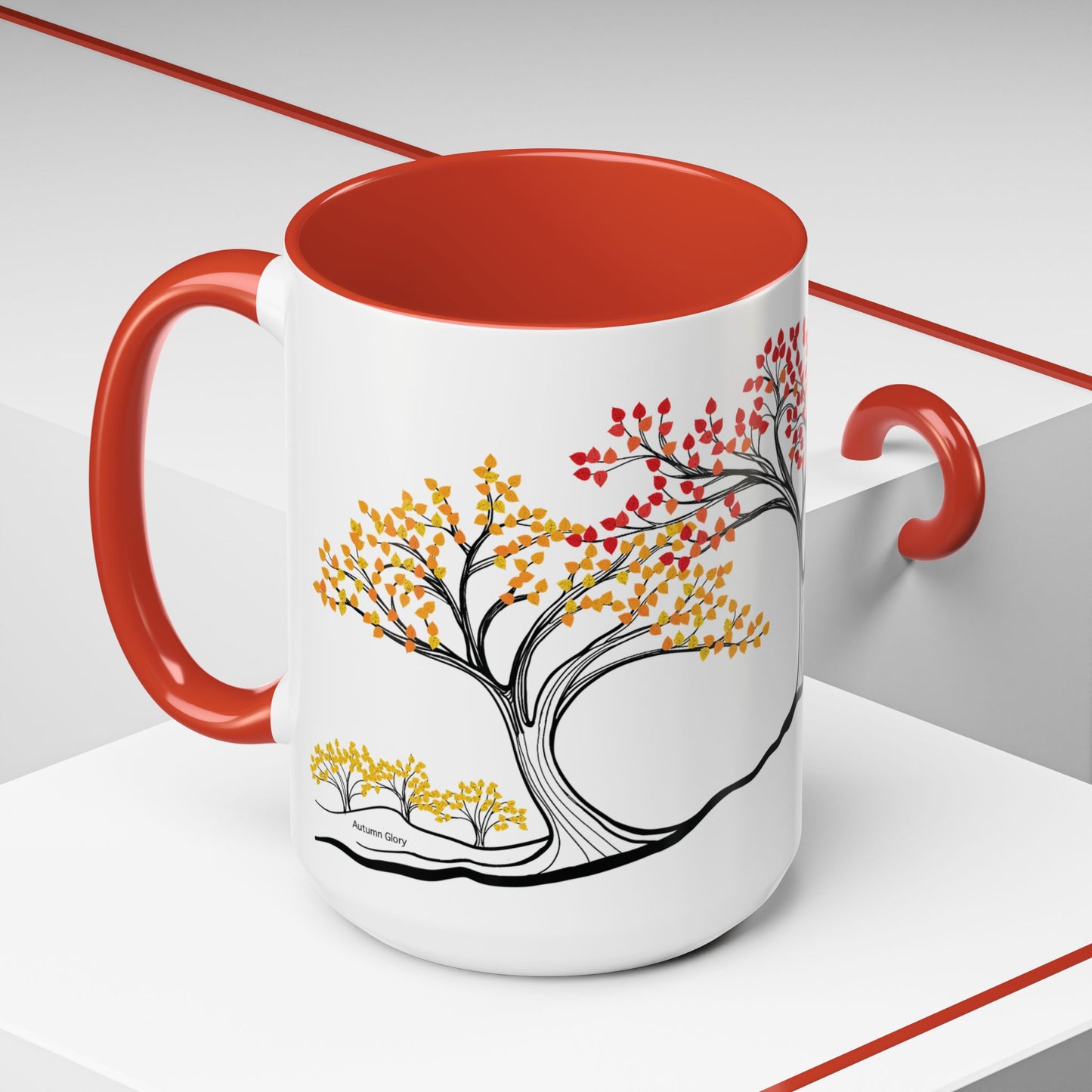 “Autumn Glory”, IMAGINE™ Series, Hand-Drawn Art Print, White Ceramic Accent Mug—3 of 4 Seasons Collection—15 oz or 11 oz