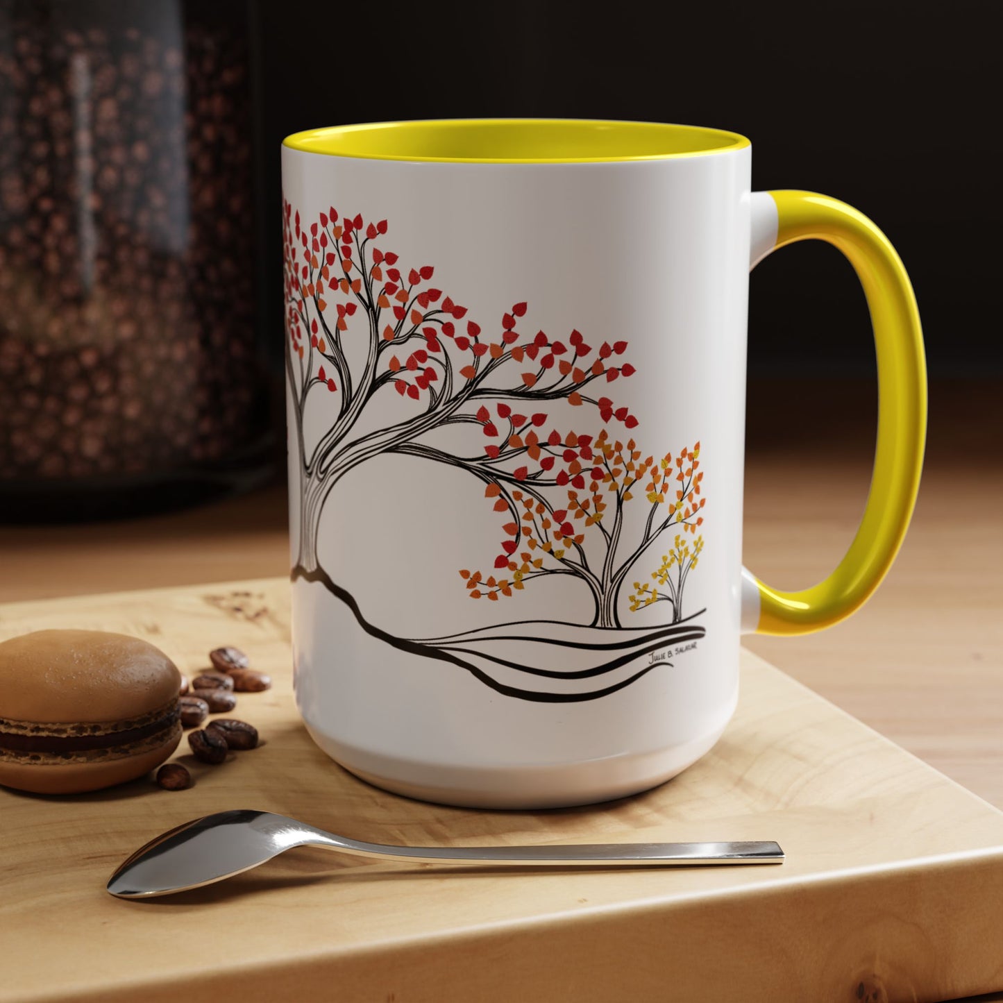 “Autumn Glory”, IMAGINE™ Series, Hand-Drawn Art Print, White Ceramic Accent Mug—3 of 4 Seasons Collection—15 oz or 11 oz