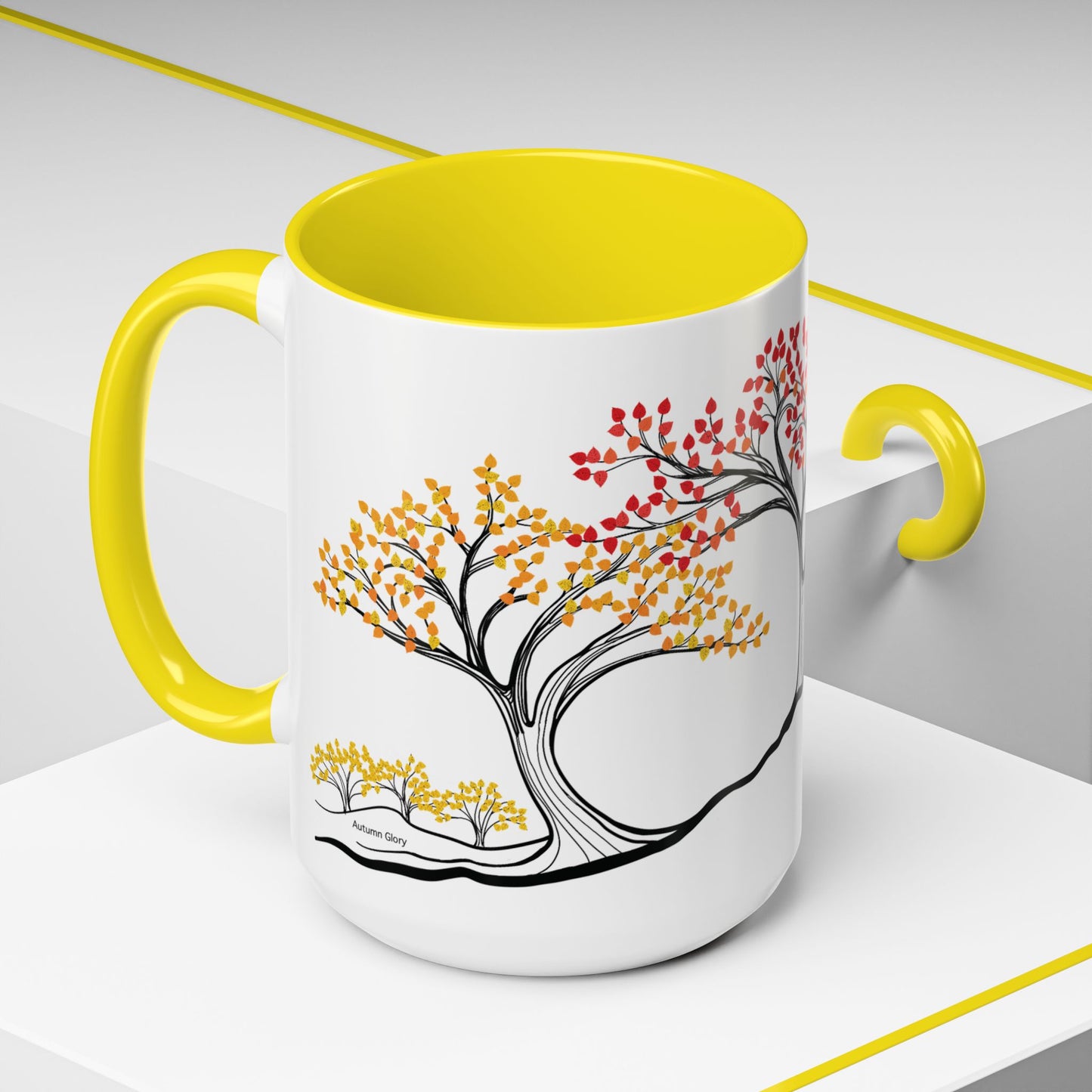 “Autumn Glory”, IMAGINE™ Series, Hand-Drawn Art Print, White Ceramic Accent Mug—3 of 4 Seasons Collection—15 oz or 11 oz