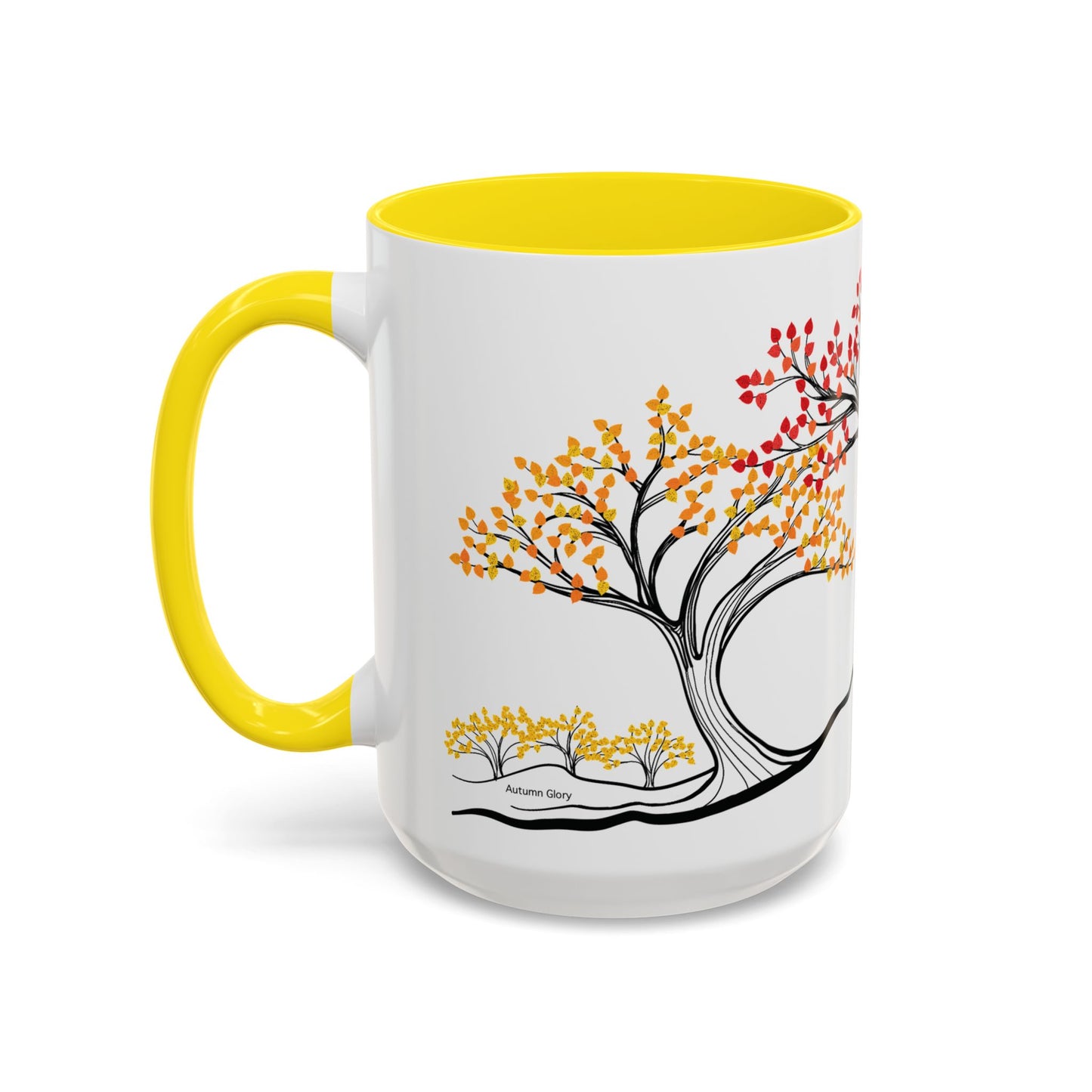 “Autumn Glory”, IMAGINE™ Series, Hand-Drawn Art Print, White Ceramic Accent Mug—3 of 4 Seasons Collection—15 oz or 11 oz