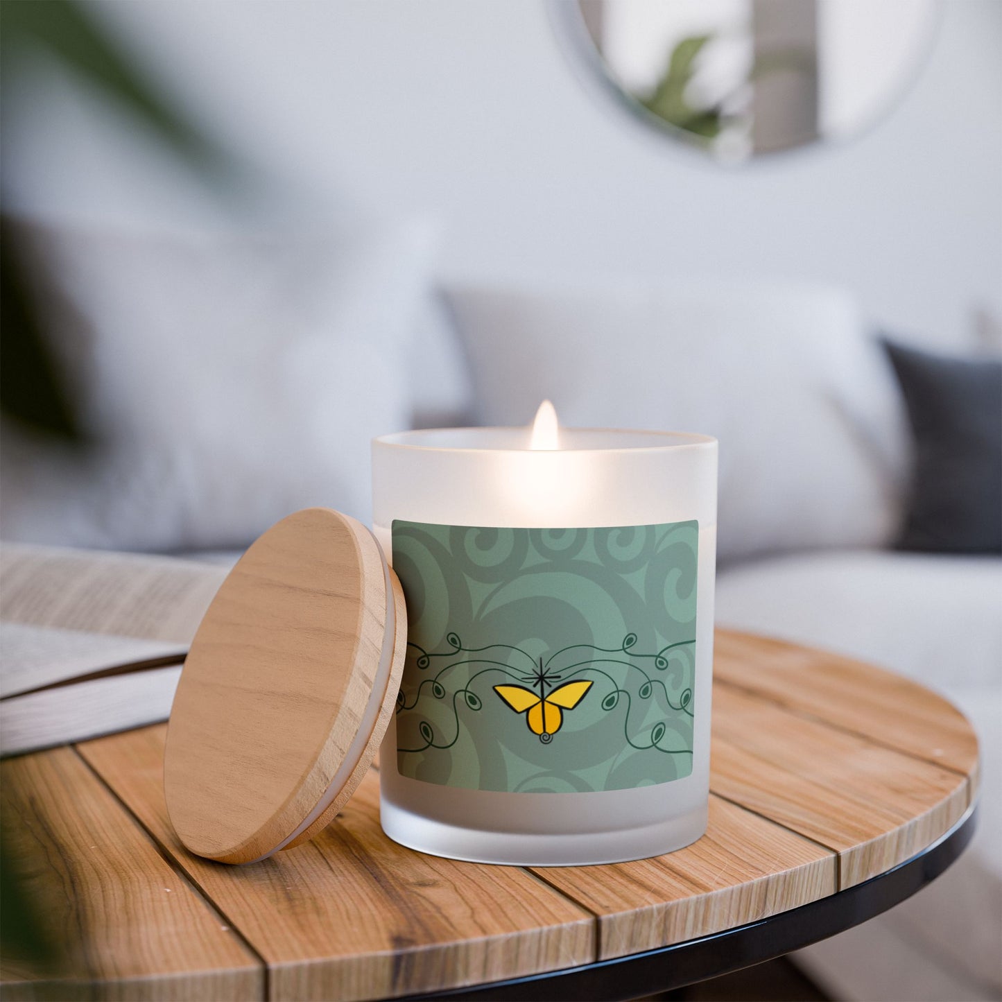 IMAGINE™ "Butterfly and Spirals" Candle, Frosted Glass (Hand Poured 11 oz—50-hour average burn)