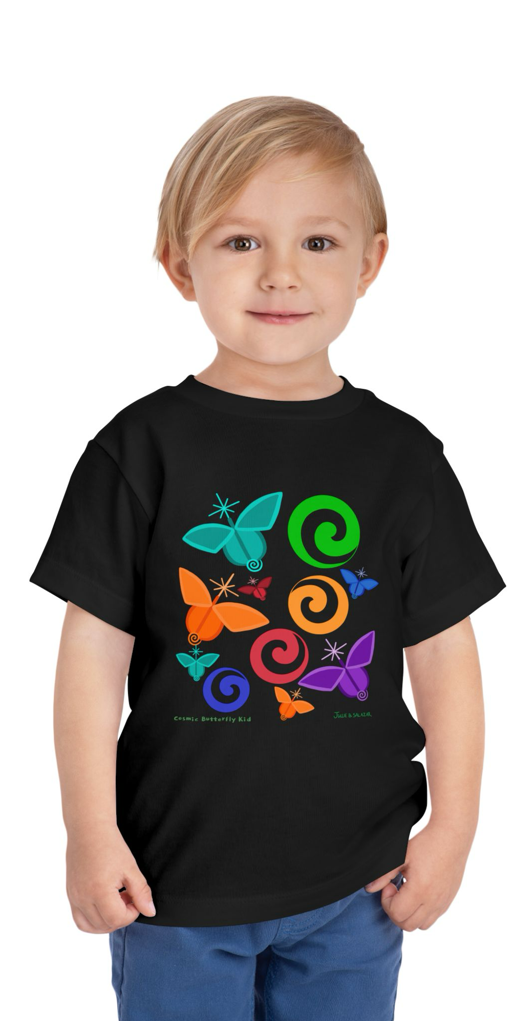 “Cosmic Butterfly Kid”, IMAGINE™ Series, Hand-Drawn Art Print, Bella+Canvas 3001T Kid’s Cotton Jersey Tee , 4 Sizes — 2T, 3T, 4T, 5T
