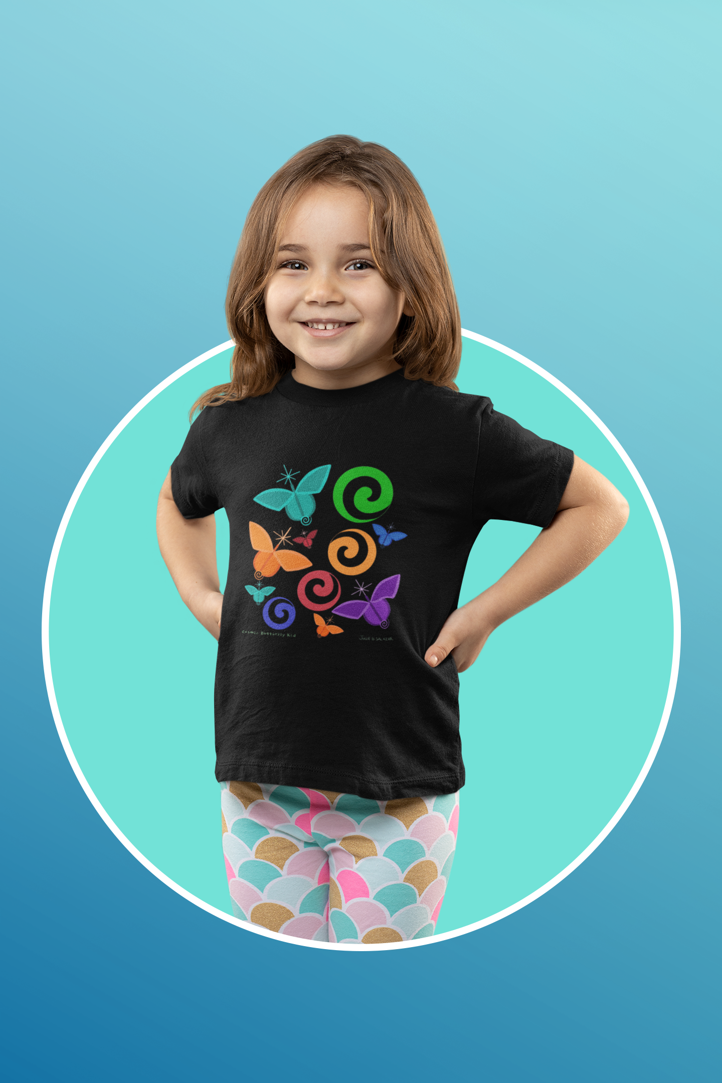 “Cosmic Butterfly Kid”, IMAGINE™ Series, Hand-Drawn Art Print, Bella+Canvas 3001T Kid’s Cotton Jersey Tee , 4 Sizes — 2T, 3T, 4T, 5T