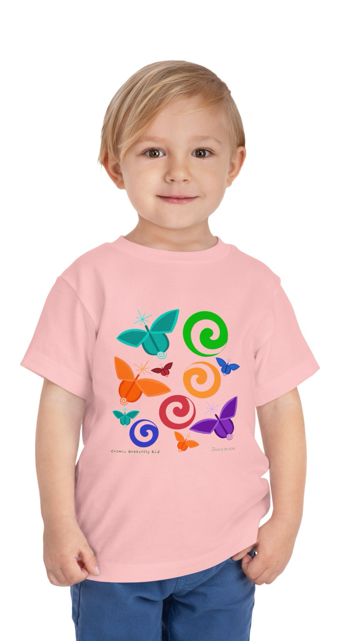 “Cosmic Butterfly Kid”, IMAGINE™ Series, Hand-Drawn Art Print, Bella+Canvas 3001T Kid’s Cotton Jersey Tee , 4 Sizes — 2T, 3T, 4T, 5T