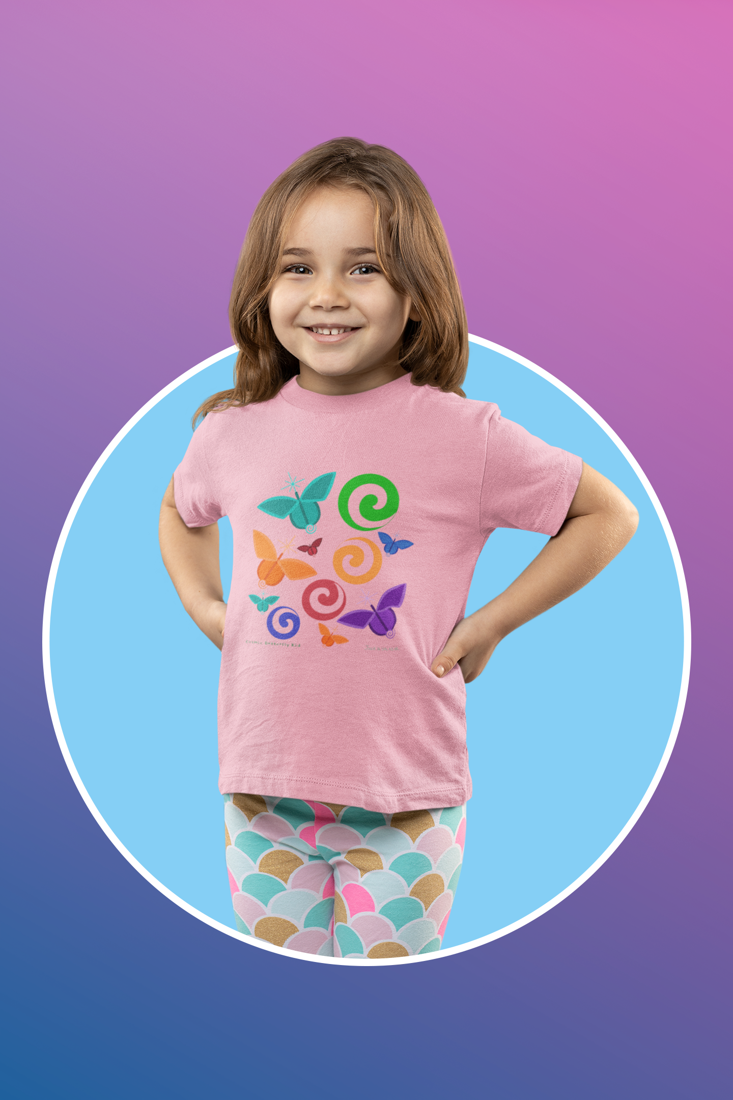 “Cosmic Butterfly Kid”, IMAGINE™ Series, Hand-Drawn Art Print, Bella+Canvas 3001T Kid’s Cotton Jersey Tee , 4 Sizes — 2T, 3T, 4T, 5T