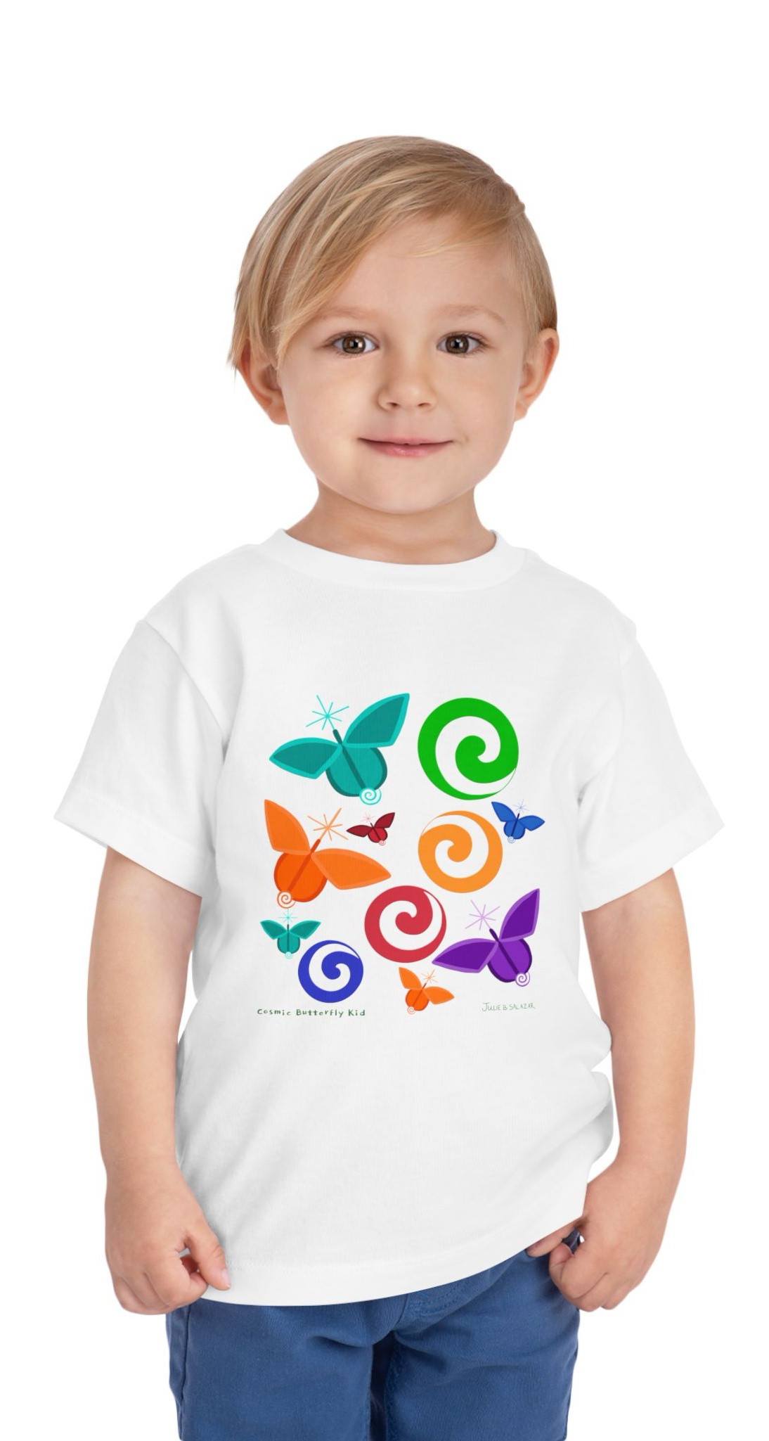 “Cosmic Butterfly Kid”, IMAGINE™ Series, Hand-Drawn Art Print, Bella+Canvas 3001T Kid’s Cotton Jersey Tee , 4 Sizes — 2T, 3T, 4T, 5T