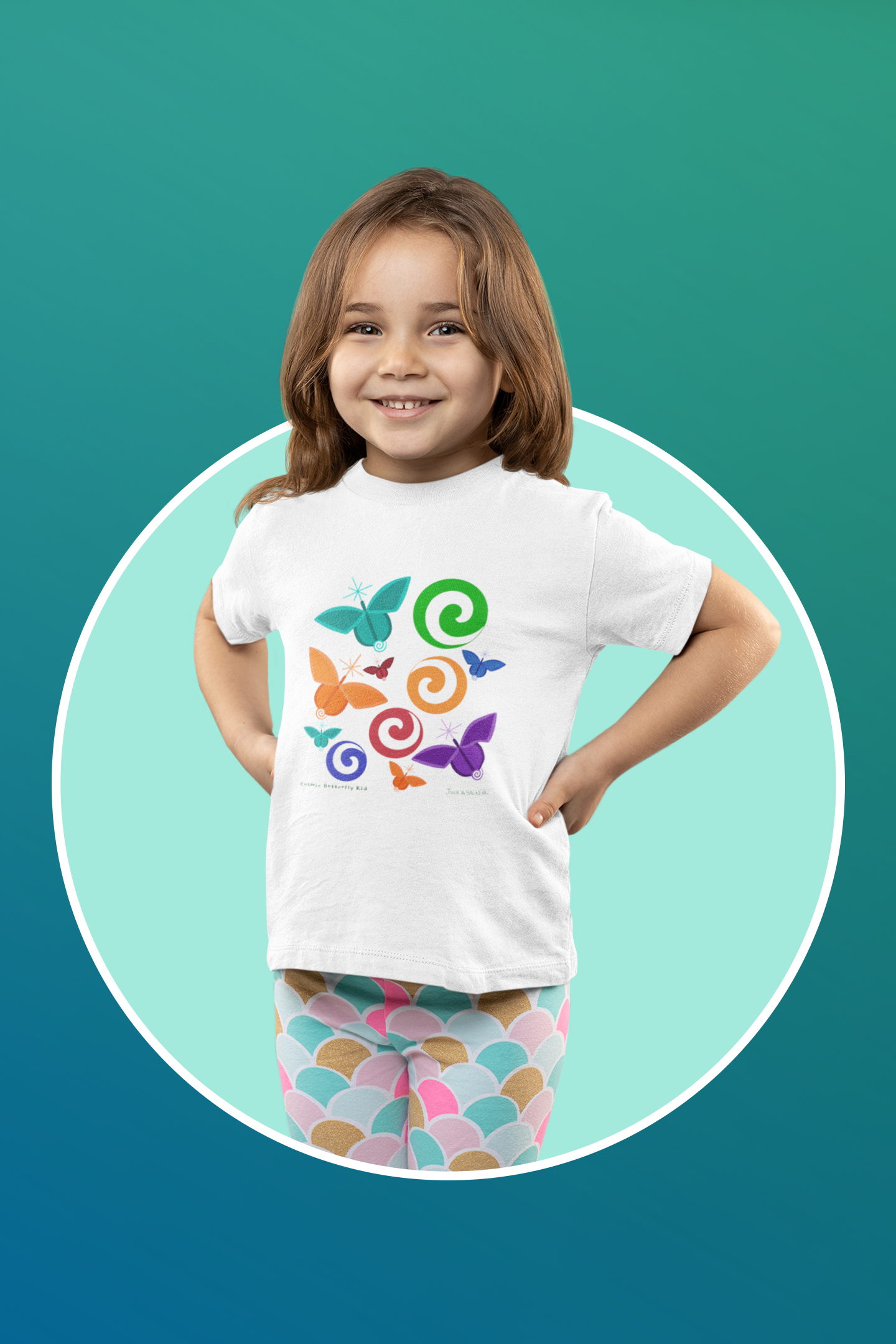 “Cosmic Butterfly Kid”, IMAGINE™ Series, Hand-Drawn Art Print, Bella+Canvas 3001T Kid’s Cotton Jersey Tee , 4 Sizes — 2T, 3T, 4T, 5T