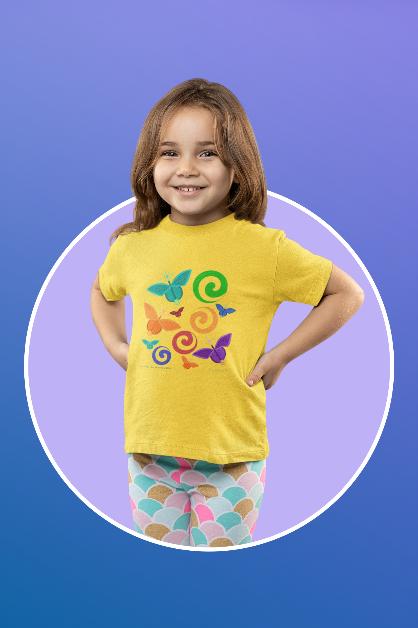 “Cosmic Butterfly Kid”, IMAGINE™ Series, Hand-Drawn Art Print, Bella+Canvas 3001T Kid’s Cotton Jersey Tee , 4 Sizes — 2T, 3T, 4T, 5T