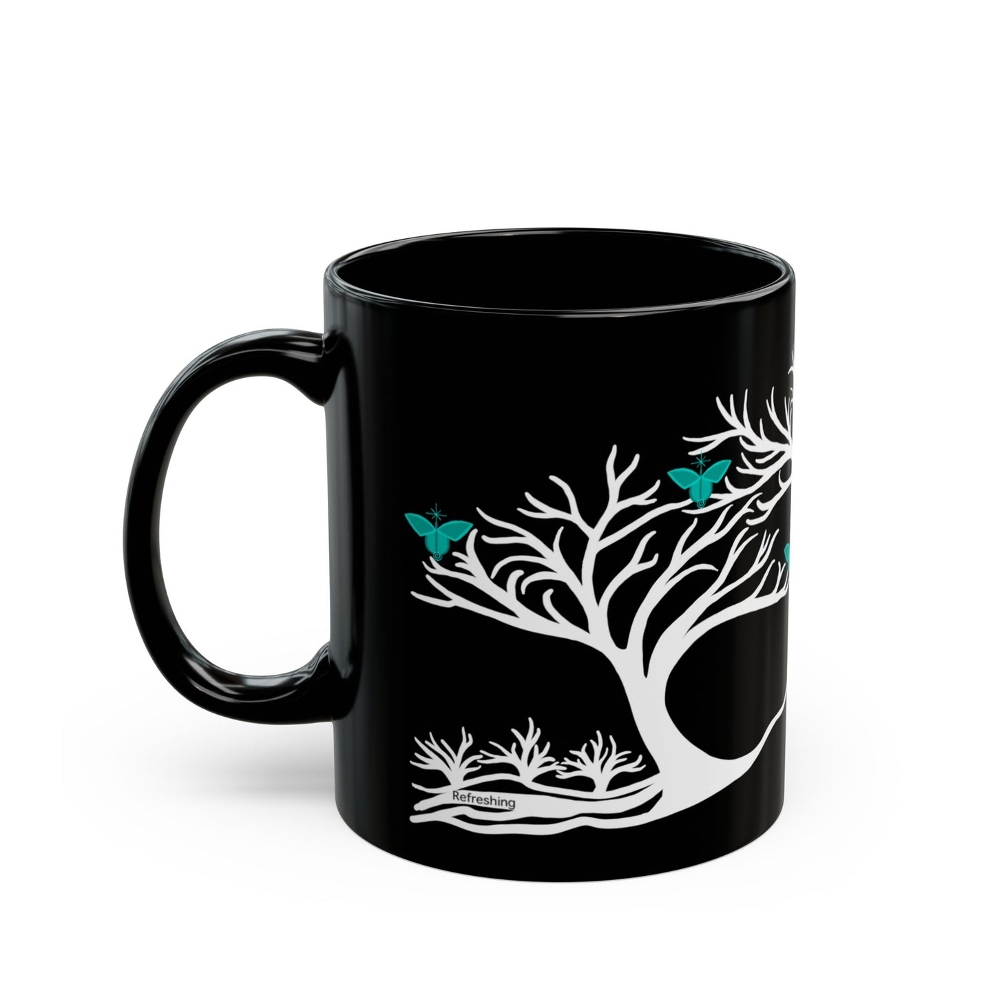 "Refreshing", IMAGINE™ Series, Hand-Drawn Art Print, Black Ceramic Mug—5 of 7 Butterfly Graces Collection—15 oz or 11 oz