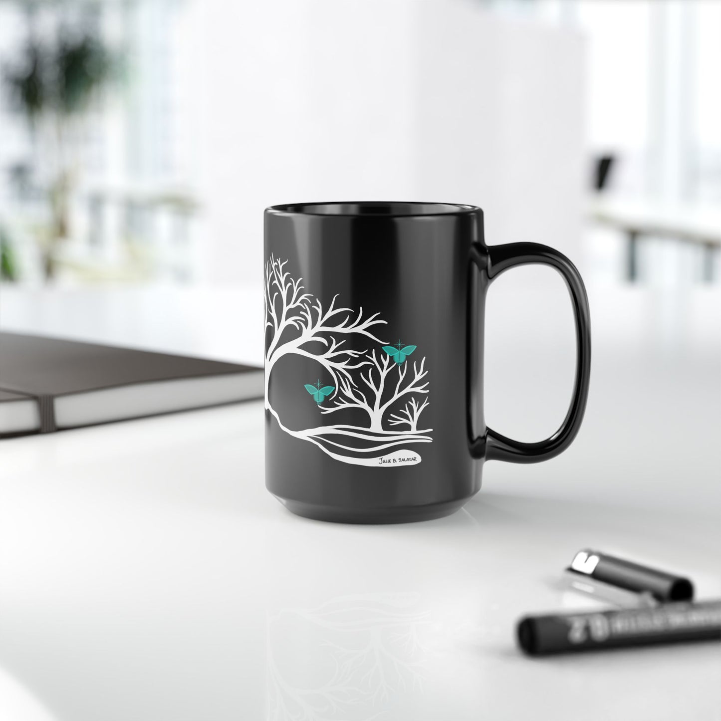 "Refreshing", IMAGINE™ Series, Hand-Drawn Art Print, Black Ceramic Mug—5 of 7 Butterfly Graces Collection—15 oz or 11 oz