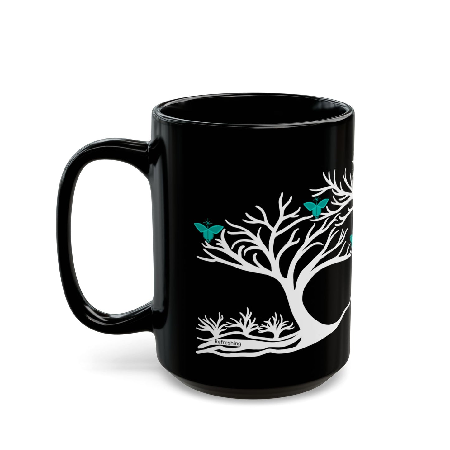 "Refreshing", IMAGINE™ Series, Hand-Drawn Art Print, Black Ceramic Mug—5 of 7 Butterfly Graces Collection—15 oz or 11 oz