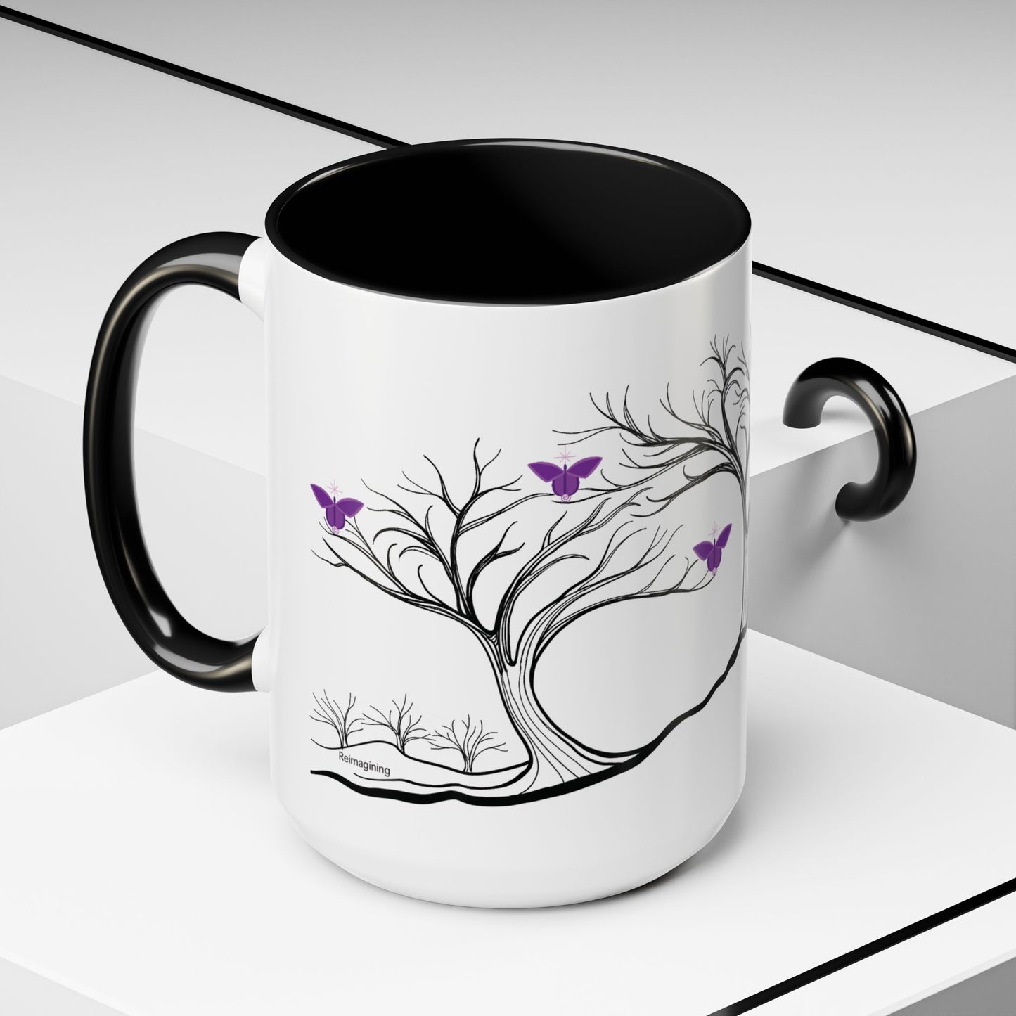 "Reimagining", IMAGINE™ Series, Hand-Drawn Art Print, White Ceramic Accent Mug—7 of 7 Butterfly Graces Collection—15 oz or 11 oz