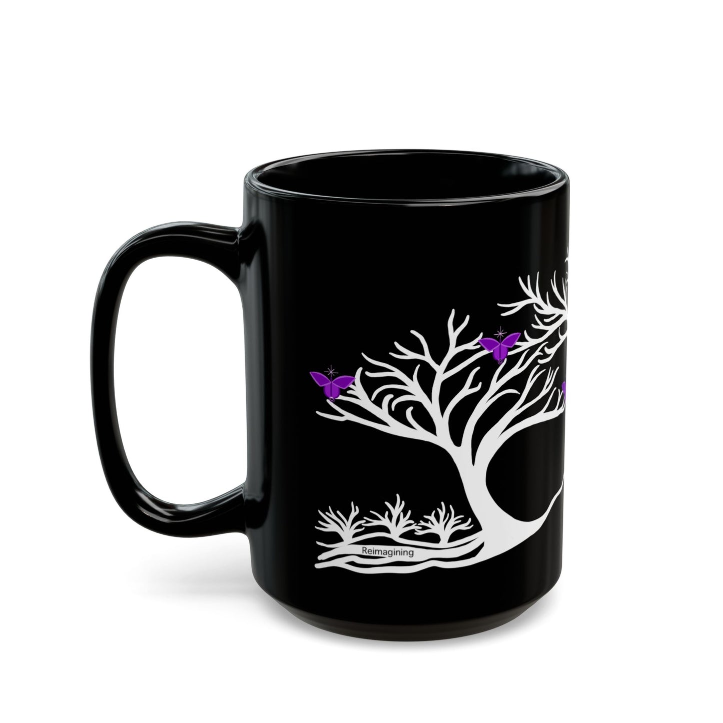 "Reimagining", IMAGINE™ Series, Hand-Drawn Art Print, Black Ceramic Mug—7 of 7 Butterfly Graces Collection—15 oz or 11 oz