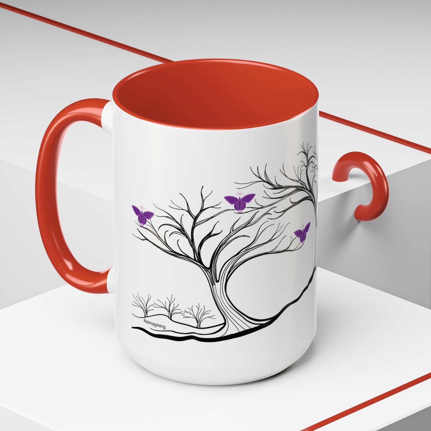 "Reimagining", IMAGINE™ Series, Hand-Drawn Art Print, White Ceramic Accent Mug—7 of 7 Butterfly Graces Collection—15 oz or 11 oz